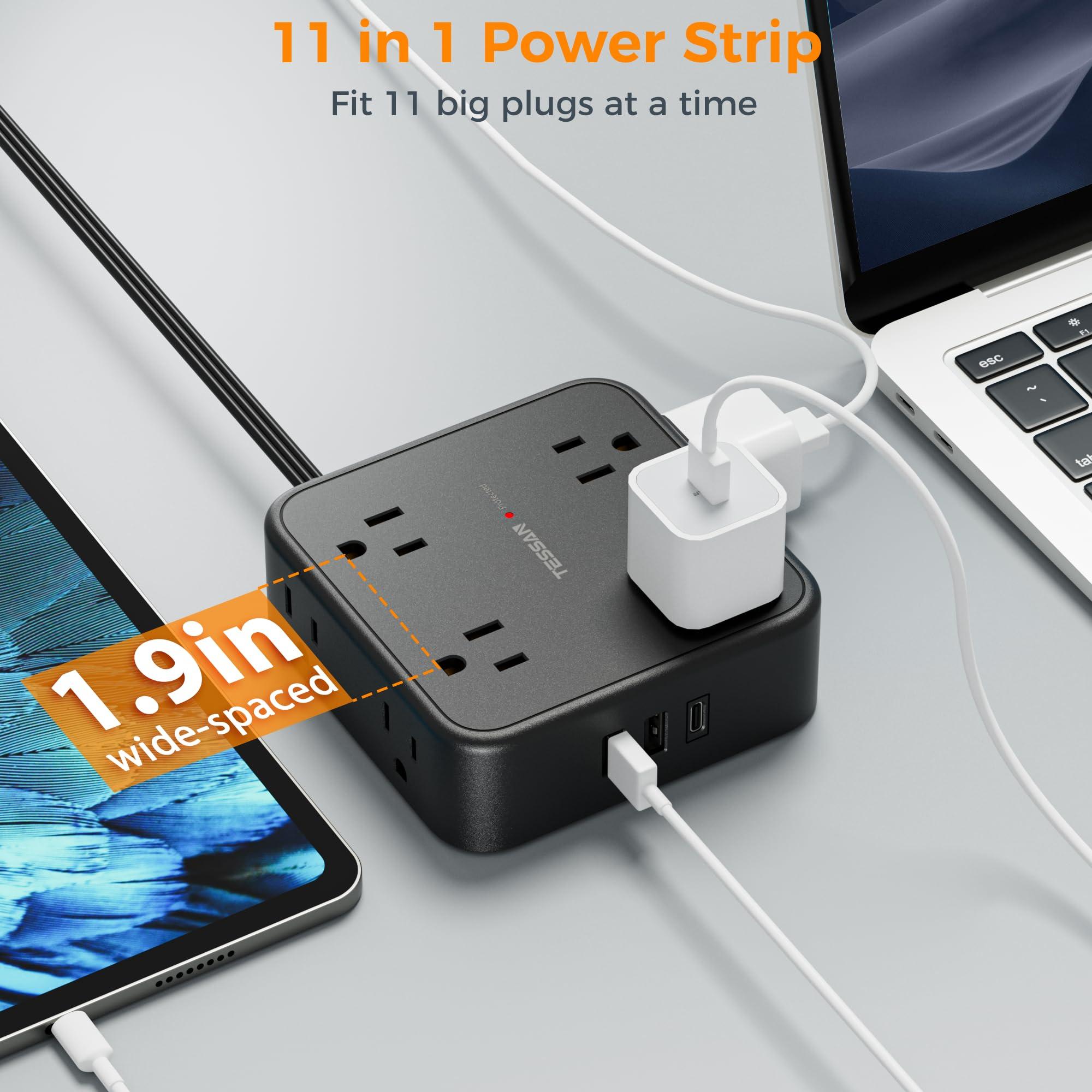 TESSAN Surge Protector Flat Plug Power Strip, Black Extension Cord 5 FT with 3 USB Charger (1 USB C), Multiple Outlets Charging Station for Home, Office, College Dorm Room