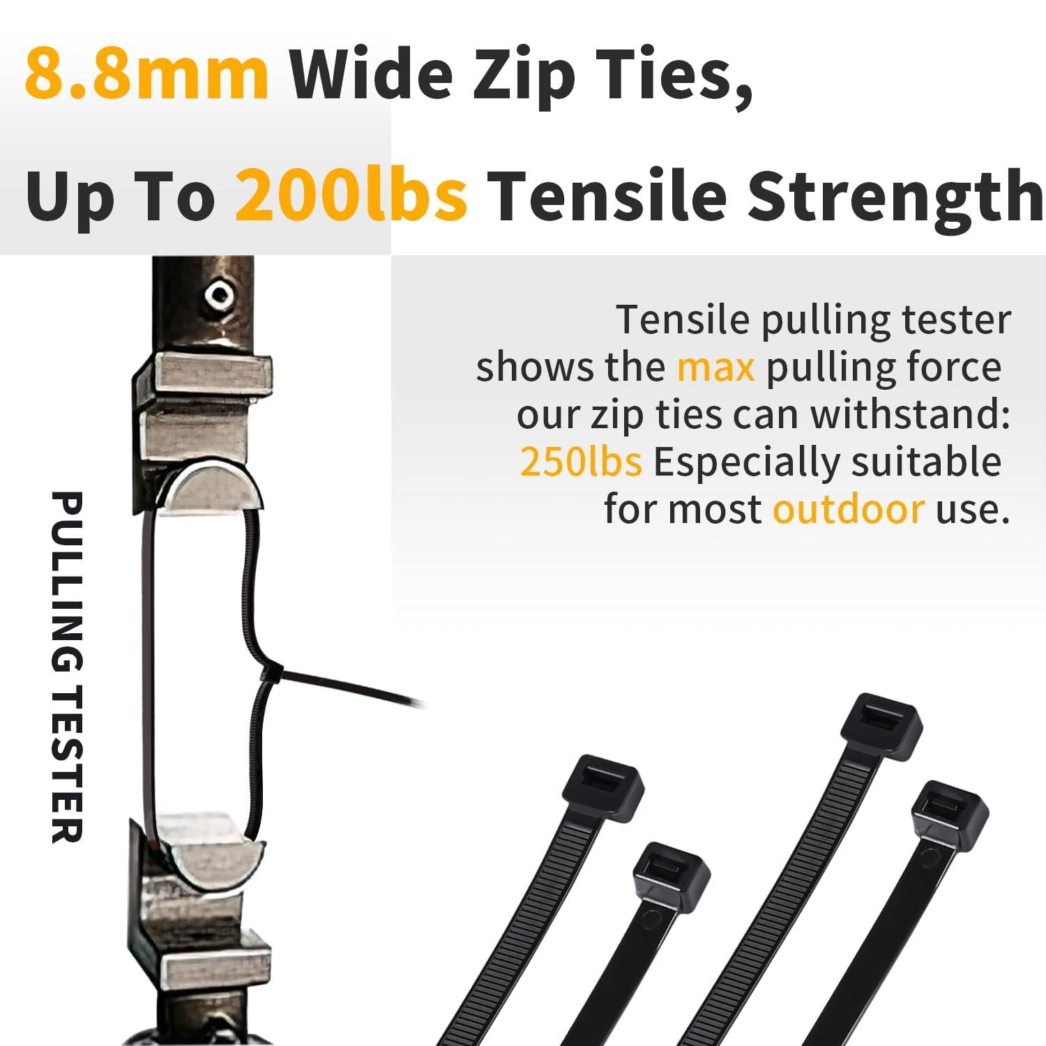 JIAHCN 11 Inch Long Zip Ties (100 Pieces) Heavy Duty UV Resistant 200lbs Cable Tie Wraps Black Industrial Zip Ties Thick Nylon Wire Ties Large Plastic Zipties for Cable Management, Outdoor Use