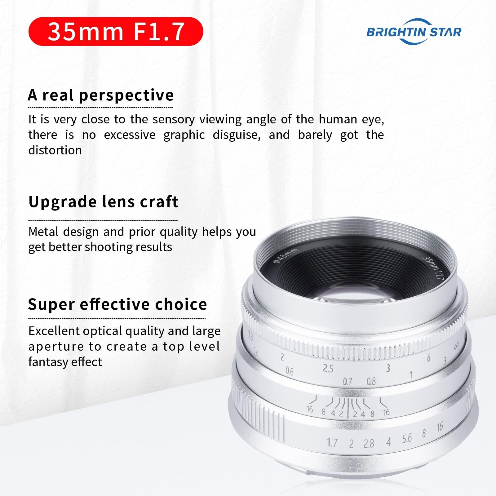 brightin star Brightin Star 35mm F1.7 Large Aperture APS-C Manual Focus Prime Fixed Mirrorless Camera Lens, Fit for Panasonic Olympus Micro4/3 G7, G85, GX9, G7KS, EPM1/2, EM1, EP1/P2/P3/P5, PL 1/2/3/5/6(Silver)