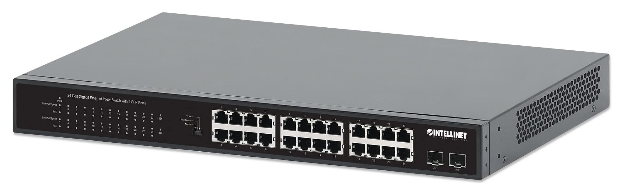 Intellinet Intellinet 24-Port Unmanaged PoE+ Gigabit Ethernet Switch - 370W Power Budget, 2 x 1Gbps SFP Ports, Rackmount/Desktop, Autosensing Ports, Sturdy Metal 3 Yr Mfg Warranty - 561891
