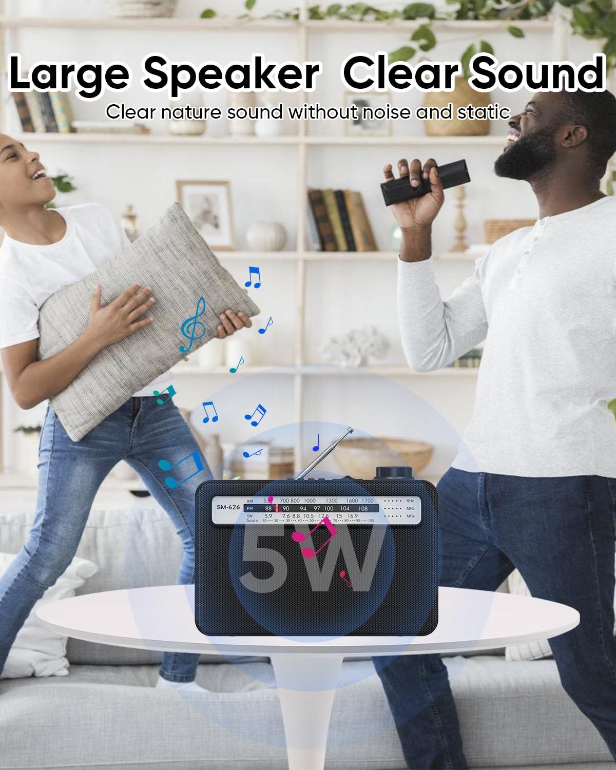 MIPDIIT MIPDIIT Portable AM FM Radio with Bluetooth Speaker, AC Plug in/USB C Rechargeable or D Battery Operated Transistor Radio, 5W Speaker, 3.5mm Earphone Jack, Support TF Card/USB Playing