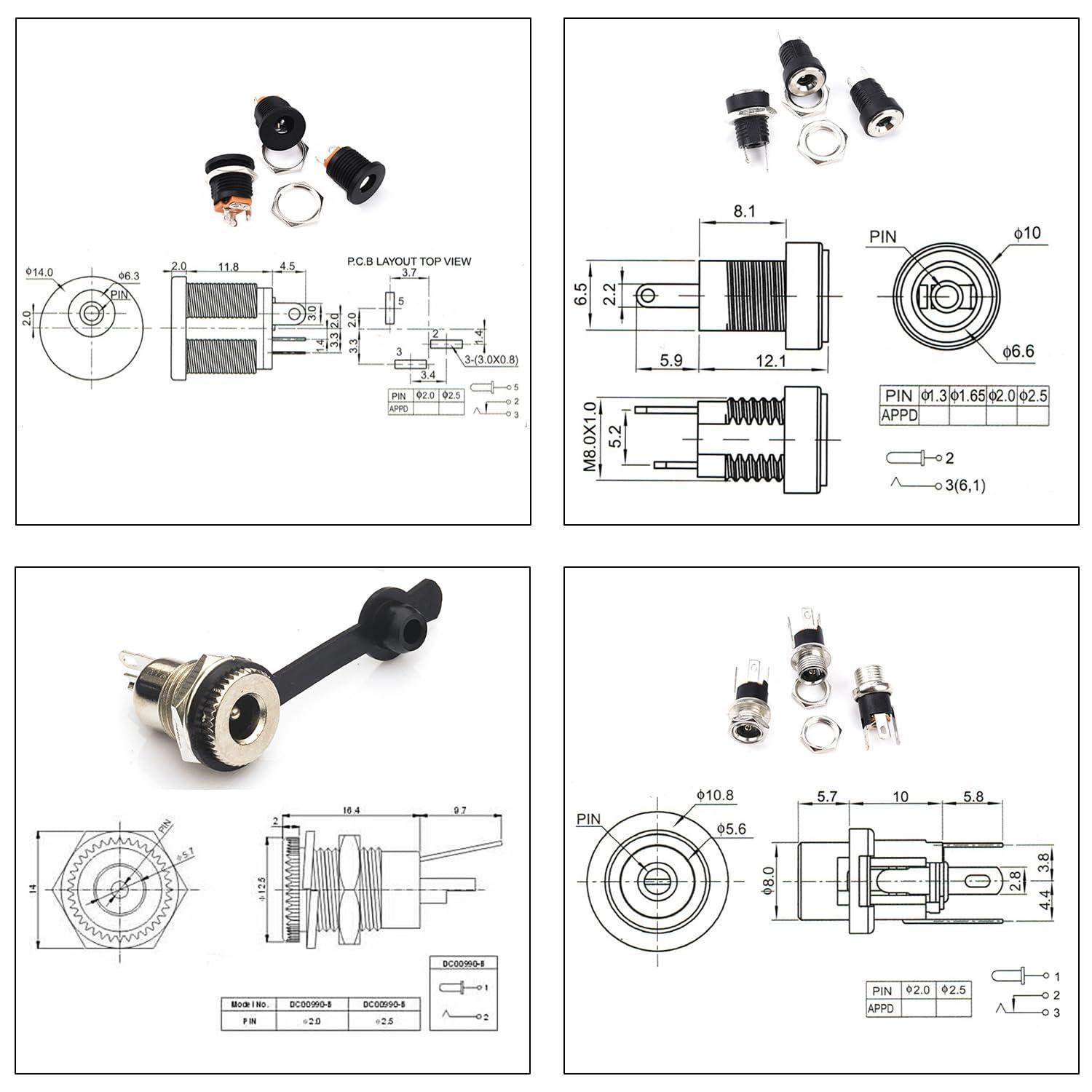 Kidisoii Kidisoii DC Power Jack Connector Assorted Kit, 5.5x2.1mm DC Power Supply Jack Socket Male Female Panel Mount Connector with Waterproof Cap & Hex Nut DC022B DC022D DC099 DC022 DC025 (DC-Cap-Kit)