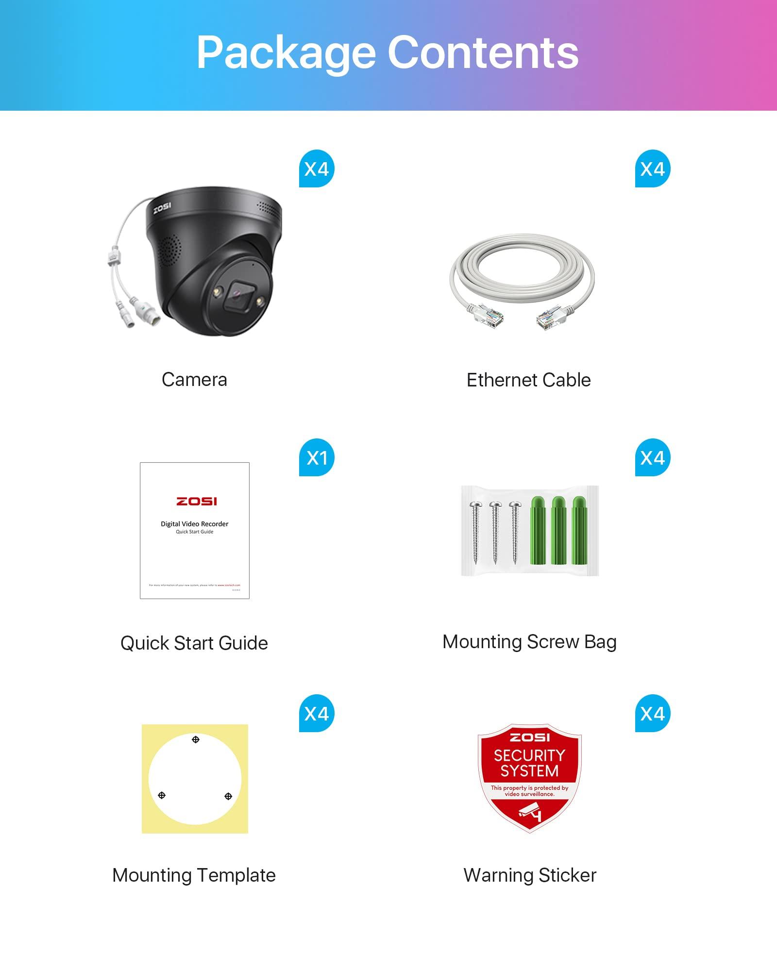 ZOSI ZOSI 4PK 4K PoE Add On Cameras with Ethernet Cables,8MP Dome Security IP Camera Outdoor Indoor,Person Vehicle Detection,Night Vision,Sound & Light Alarm,2-Way Audio,Only Work ZOSI 4K PoE NVR