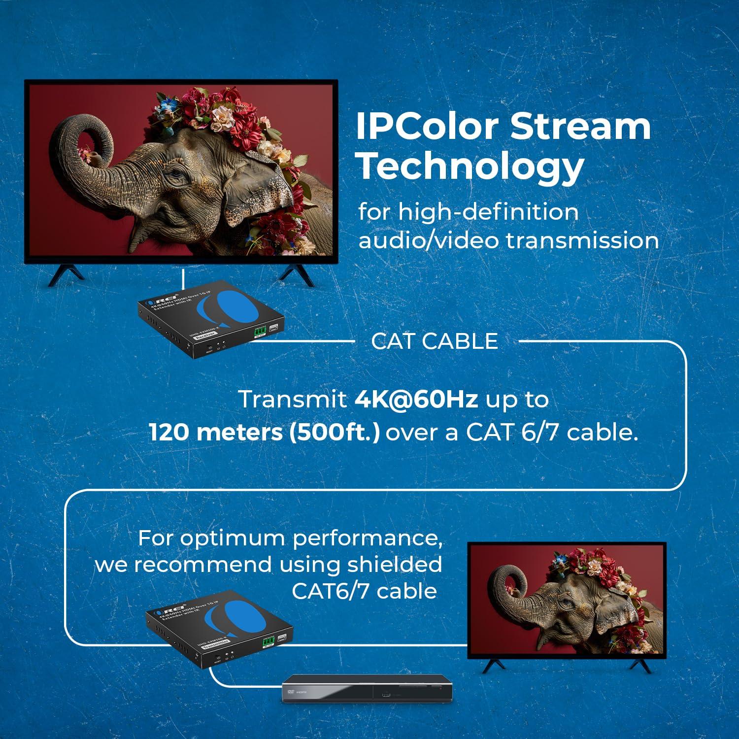 OREI 4K HDMI Extender Over IP CAT6 by OREI 4K@60Hz One to Many Upto 330 Feet, Loop Out - Send to Multiple Locaiton Over 1G Switch (UHD-EXM500-K)