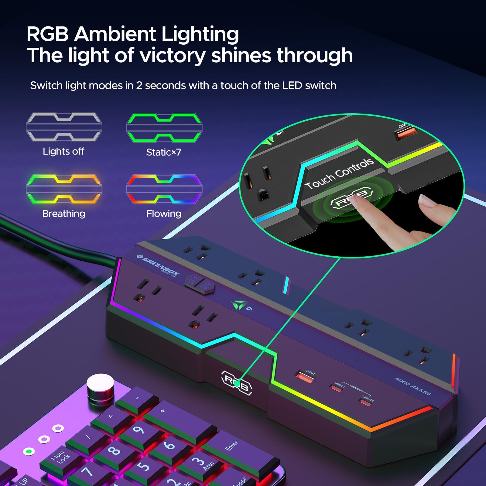Green Box Innovations 4000J Surge Protector Power Strip with USB Ports, 6 Outlet Power Strip with RGB Lights and PD 20W Fast Charging, Wide-Spaced Outlet Perfect for e-Sports, Game PC, Home and Offices