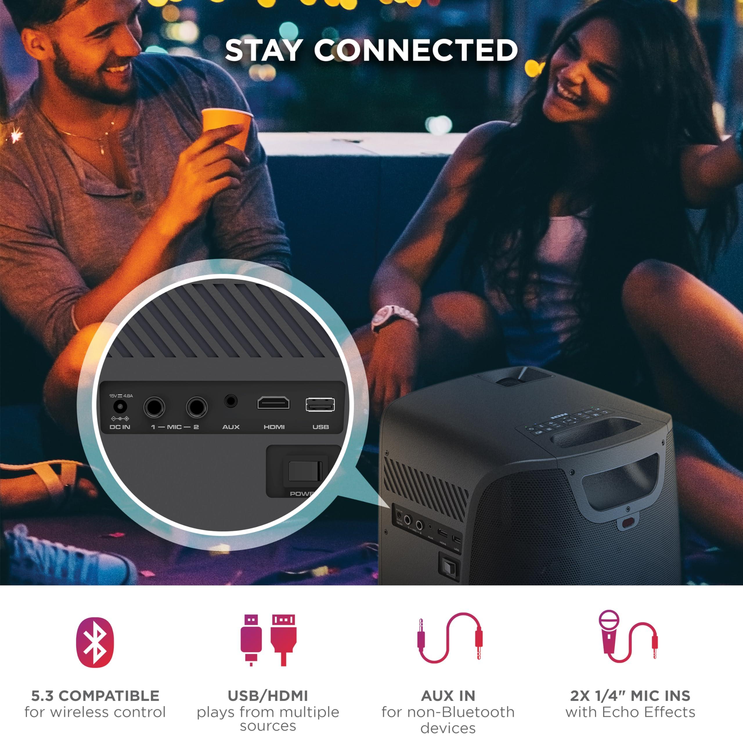 ION ION Portable Outdoor LED Projector with 70W Speakers, Bluetooth, Rechargeable Battery, Mic, USB and HDMI Connections, 720P HD