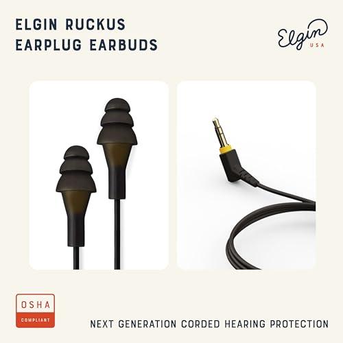 Elgin Elgin Ruckus Earplug Headphones, ANSI Certified 25dB Noise Reduction, IP65 Rated for Dust and Water Resistance, Ideal for Construction and Outdoor Work, Durable w/Kevlar-Braided Cables, Stealth Black