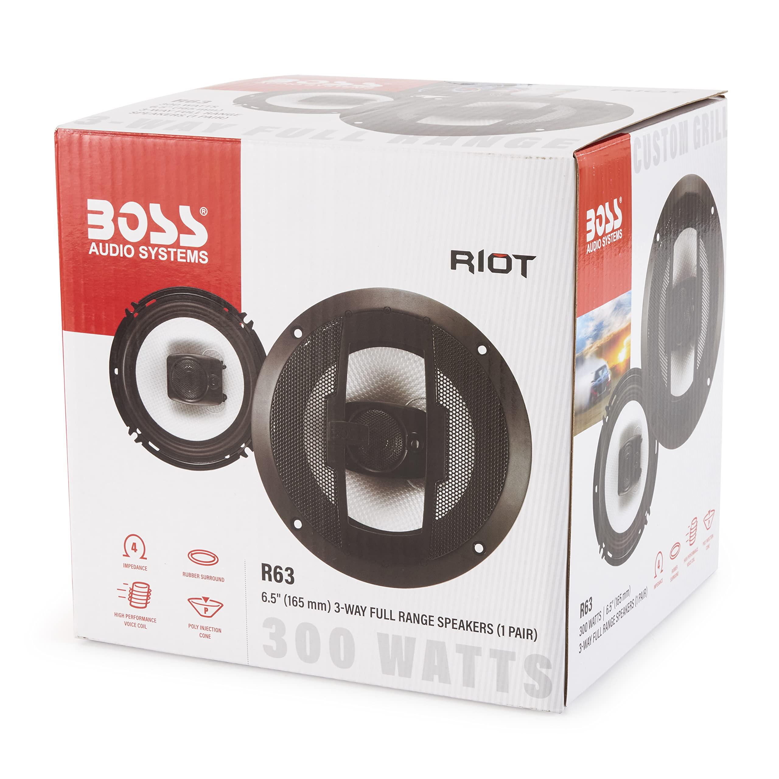 BOSS Audio Systems Boss Audio R63 Riot 6.5-Inch 600W 3 Way Car Audio Coaxial Speakers Stereo 4 Ohms with Car Mount, Poly Injection Woofer Cone & Rubber Surround (4 Pack)