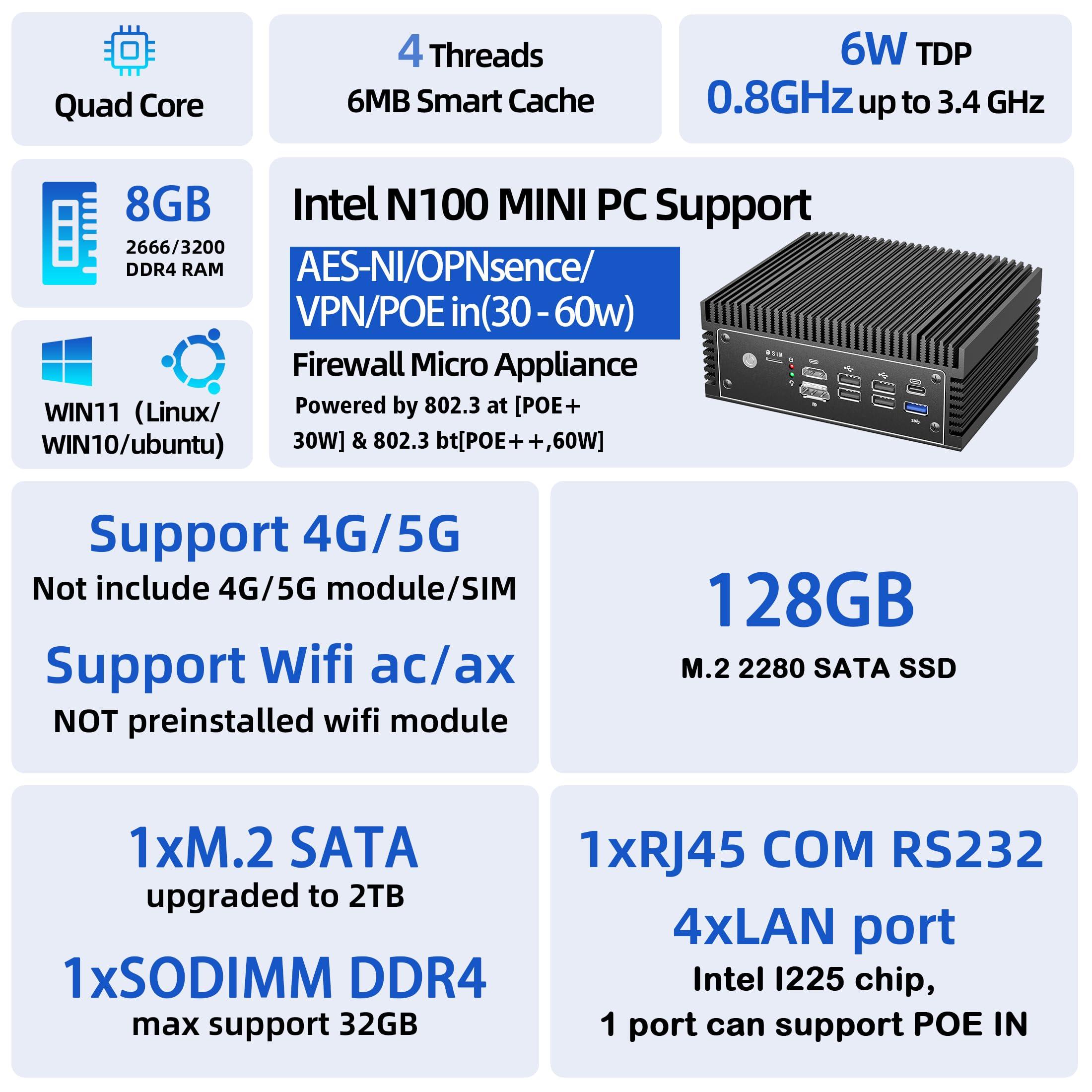NEOSMAY Fanless N100 Industrial Mini PC Micro Firewall Appliance, 4 * 2.5Gbe i225 LAN Ports POE in Mini Computer 8GB DDR4 RAM 128GB SATA SSD, USB-C/5*USB/SIM Slot/HD+DP/Home Network Pfsense Router