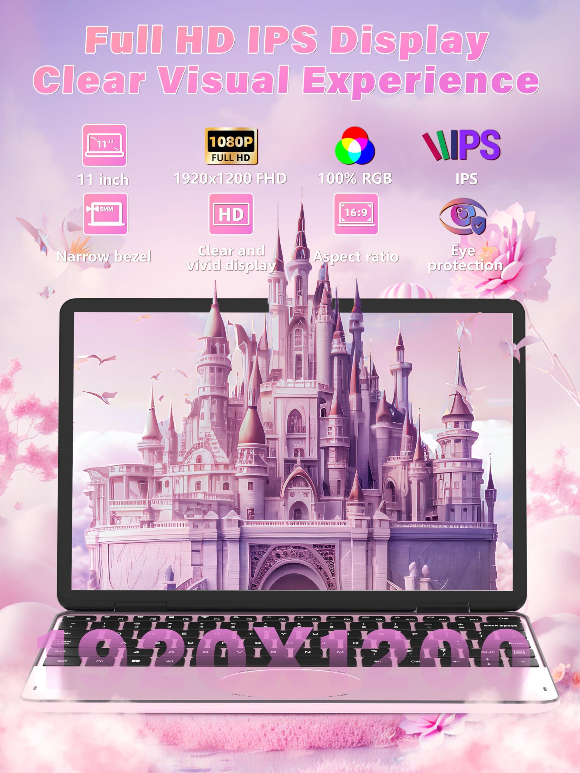 Svikou Svikou 11\" Touchscreen 2-in-1 Convertible Pink Laptop for Business&Students, in tel N100 CPU,16G DDR4 RAM,512G SSD,FHD 1920 * 1200 IPS,Win 11 Pro PC,Backlit Keyboard, WiFi, Type-C,HDMI, Oval Trackpad