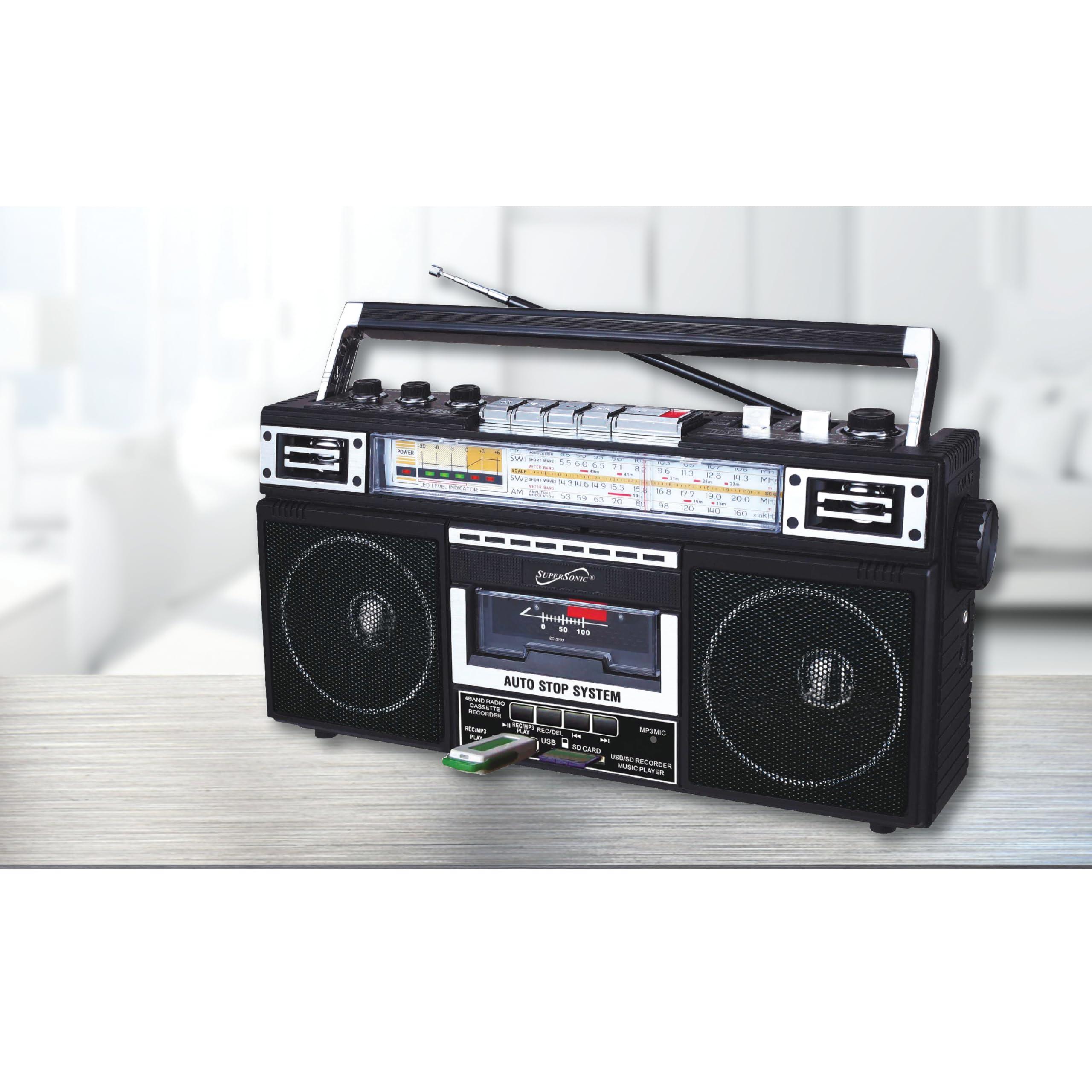 Supersonic Supersonic SC-3201BT 4 Band Radio & Cassette Player Boombox, Bluetooth Speaker, AM/FM/SW Radio with MP3 Playback, USB & SD Card, 3 Band EQ and Earphone Jack