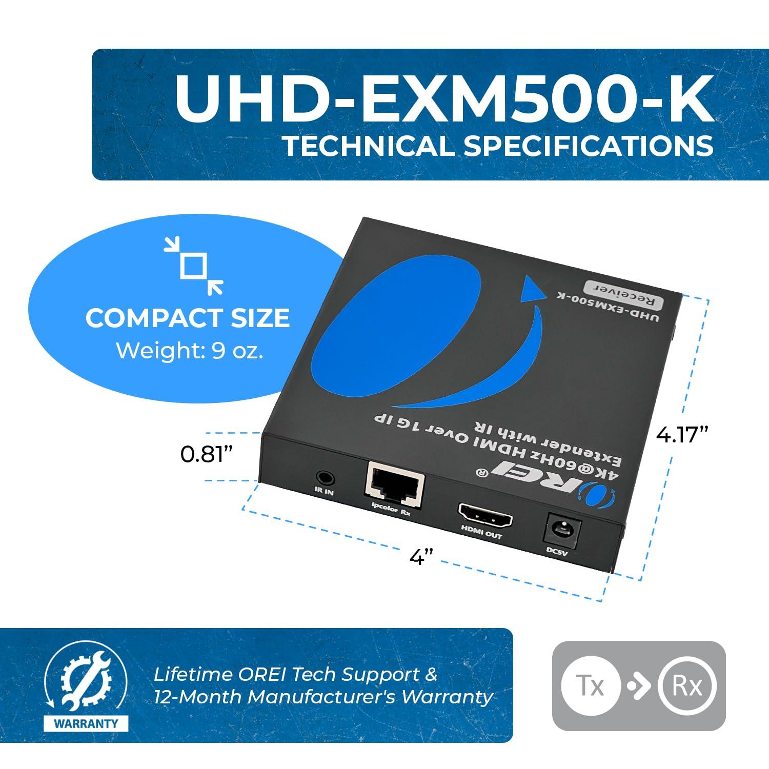 OREI 4K HDMI Extender Over IP CAT6 by OREI 4K@60Hz One to Many Upto 330 Feet, Loop Out - Send to Multiple Locaiton Over 1G Switch (UHD-EXM500-K)