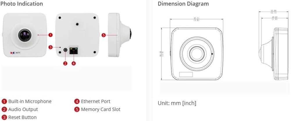 ACTi ACTi E16 10MP Fisheye Cube with Basic WDR, Fixed Lens, f1.37mm/F2.0 (HOV:187.7 (Overview Area), 114.5 (High Detail Area)), H.264, DNR, Built-in Microphone, MicroSDHC/MicroSDXC, PoE
