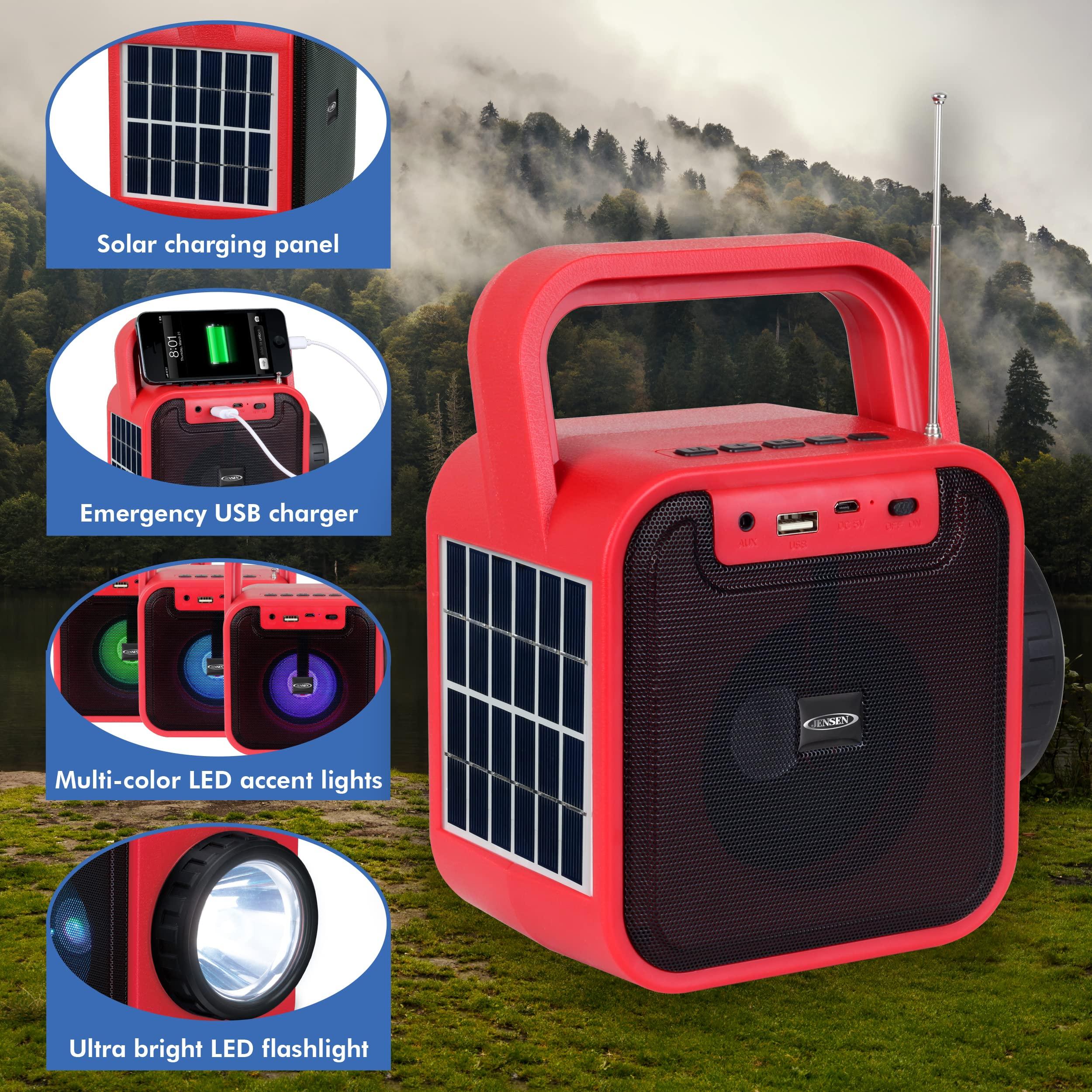 Jensen JENSEN JEP-175 Portable Bluetooth Rechargeable Speaker with Built-in Emergency USB Charging Port, FM Radio, Flashlight and Solar Charging Pane