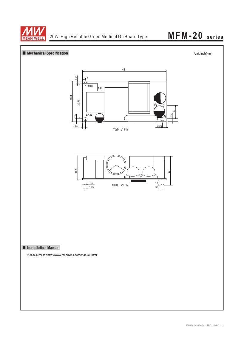 LED POWER Meanwell MFM-20-15 15V 1.4A 21W High Reliable Green LED Medical On Board Type