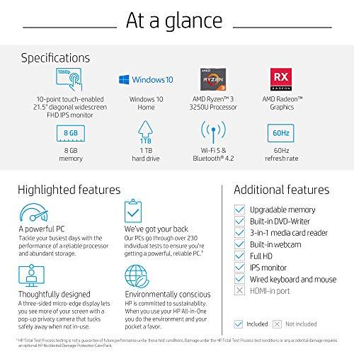 HP HP 22-DF AMD Ryzen 3 3250U 8GB 1TB HDD 21.5-Inch Full HD Touch Screen All-in-One PC