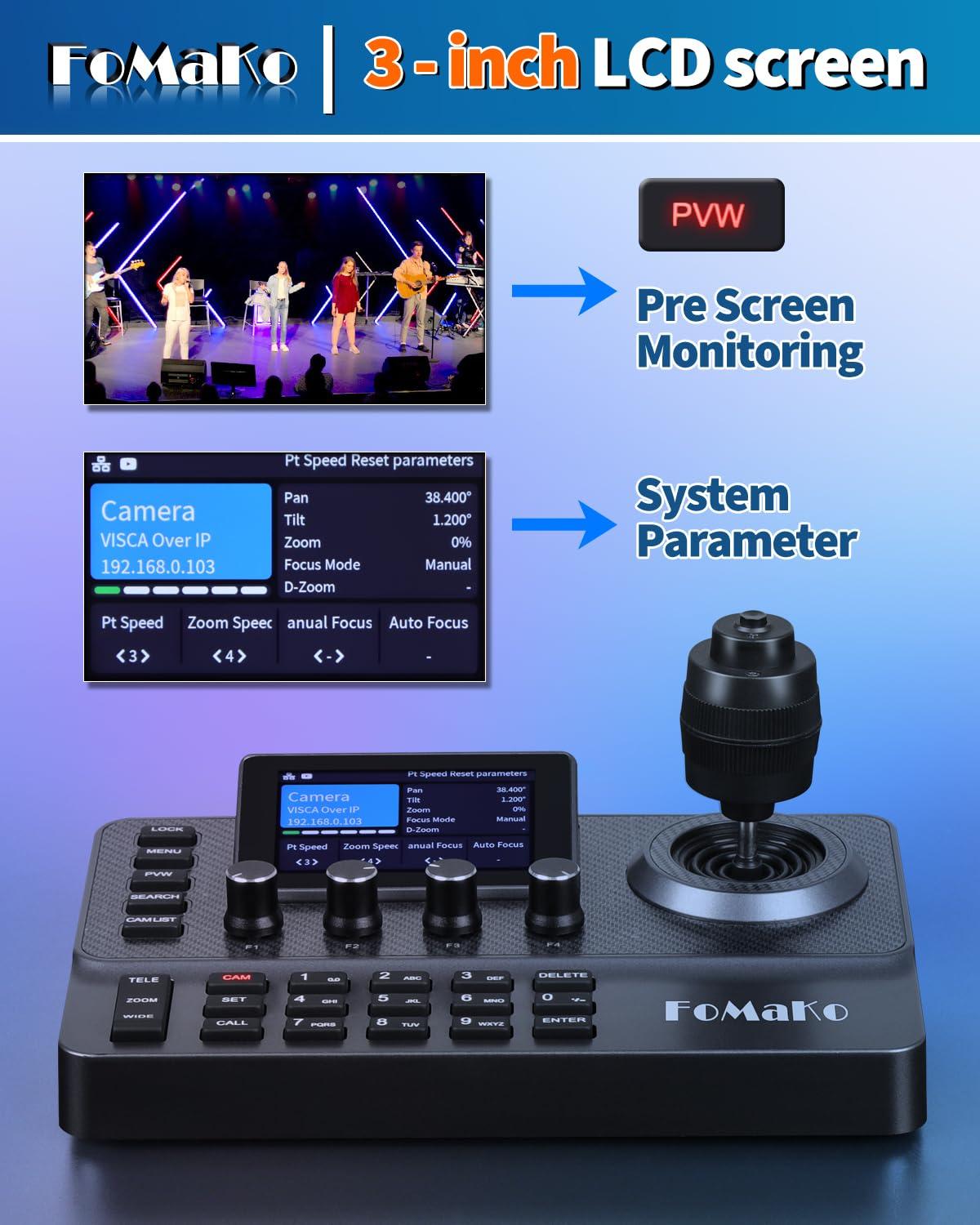 FoMaKo FoMaKo PTZ Controller PoE, 3" LCD Screen Preview, 4D Joystick PTZ Camera Controller, for Church Live Service, Visca PELCO D/P RS232 RS485(No NDI License, but NDI Upgradeable.) KC606 Black