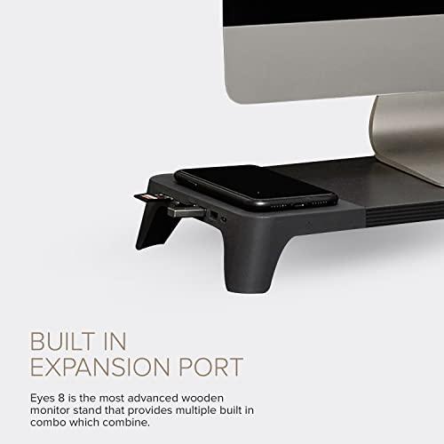 POUT POUT E8 Wood Desk Monitor Computer Stand Riser Shelf + USB HUB + Qi Fast Wireless Charging Charger Pad Mat for Laptop, Apple, iMac, PC, iPhone, Samsung Galaxy, Airpod 2, Buds (Black)
