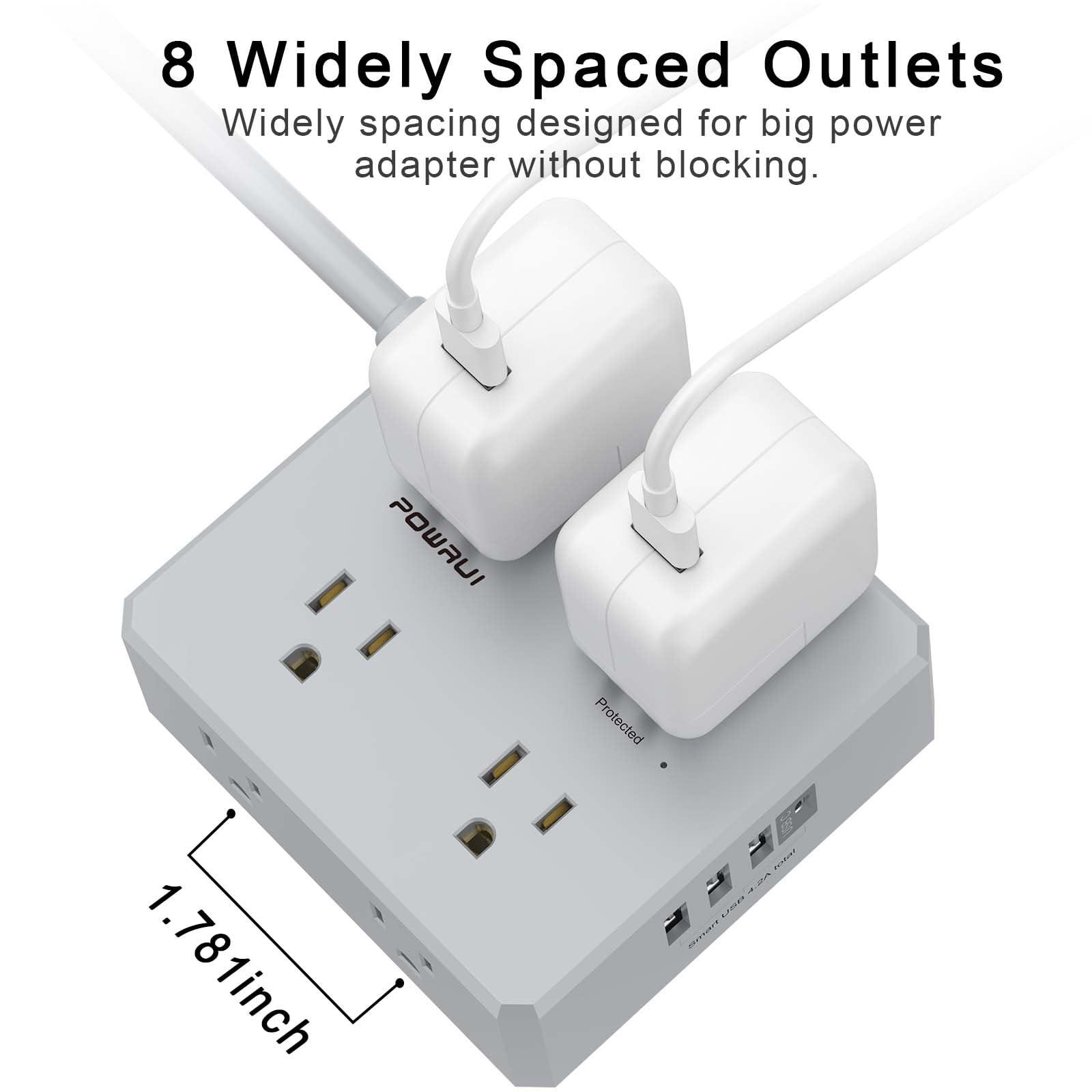 POWRUI Surge Protector Power Strip - 6 Ft Flat Plug Extension Cord with 8 Widely Outlets and 4 USB Ports(1 USB C), 3 Side Outlet Extender for Home Office, Grey, ETL Listed