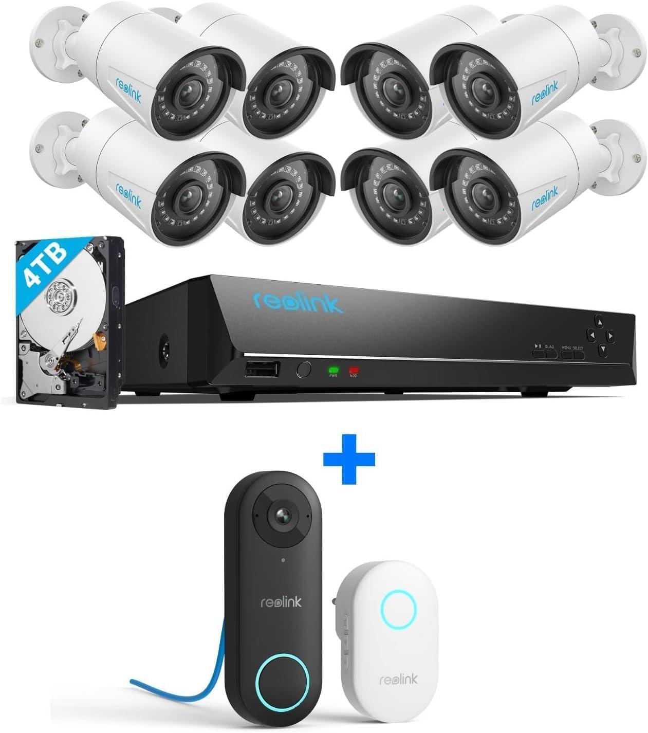REOLINK Reolink 5MP PoE Security Camera System Bundle, 8PCS 5MP IP Cameras, a 16CH NVR Pre-installed with 4TB HDD, RLK16-410B8-5MP Bundle with IP Video Doorbell Camera