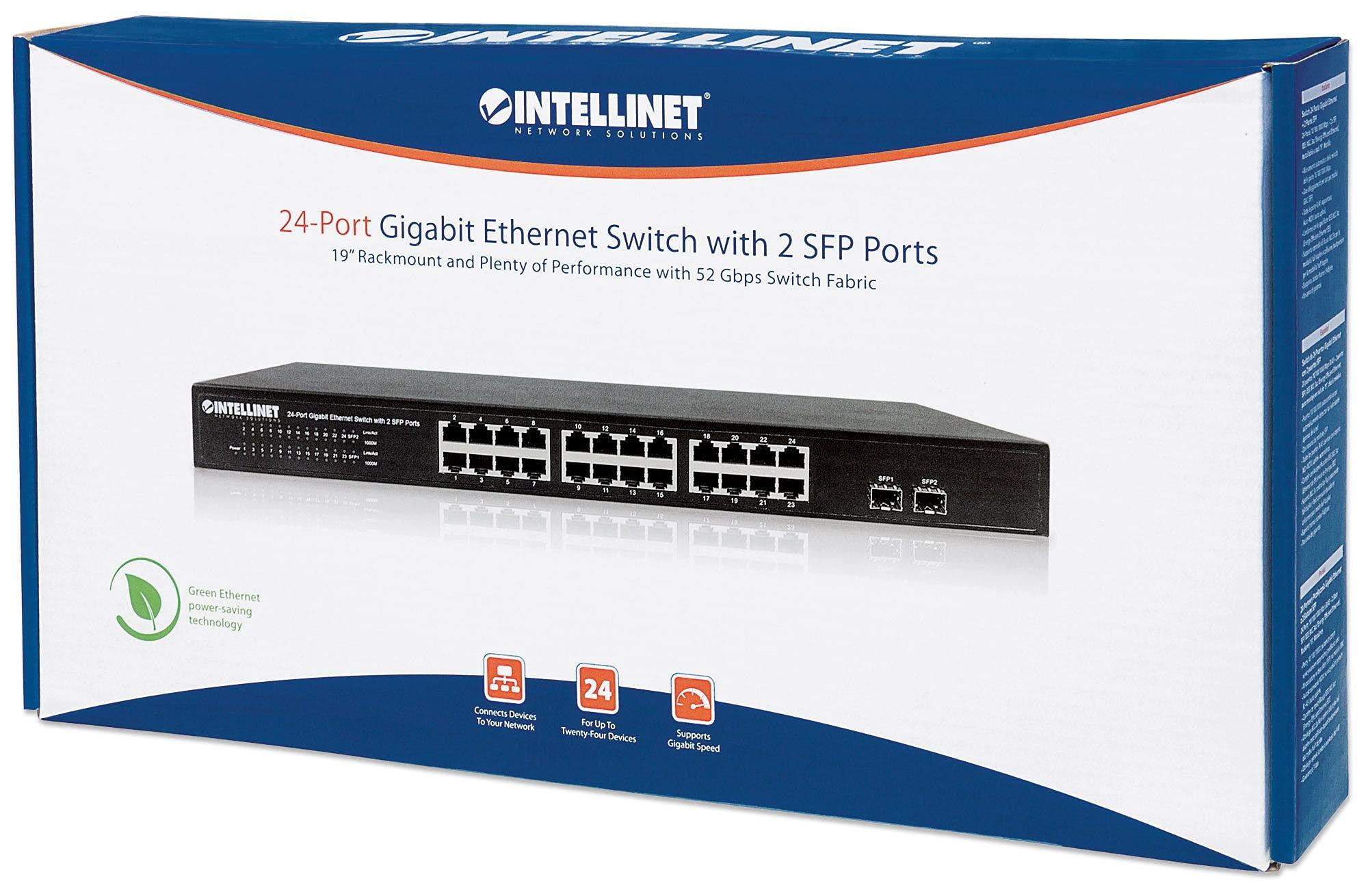 Intellinet Network Solutions Intellinet 24 Port Gigabit Ethernet Switch with 2 SFP Ports Unmanaged - Rackmount / Desktop, Fanless & Quiet, Sturdy Metal, 52 Gbps Switch Fabric 3 Yr Mfg Warranty - 561044