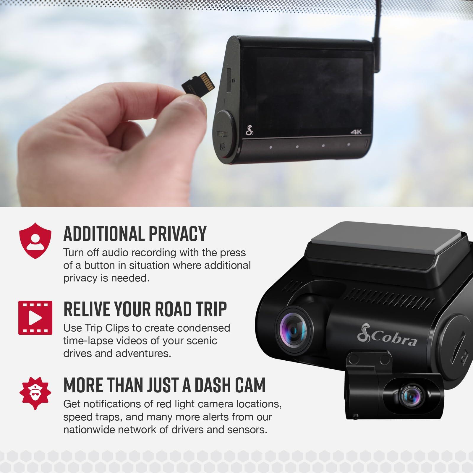 Cobra Cobra Smart Dual View Front and Rear Dash Cam (SC 250R) True 4K Resolution, 360 Alerts, Parking Live View, Incident Reports, Emergency MayDay, 32 GB SD Card Included, CarPlay & Android Auto