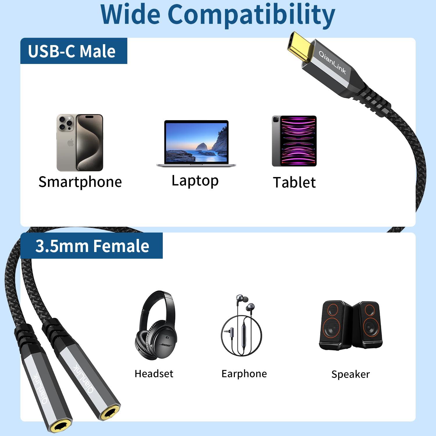 QianLink USB C to Dual 3.5mm Female Headphone Splitter, Type C to Dual 3.5mm Aux Y Jack Splitter Headphone Microphone Adapter for iPhone 15 16 Pro Max Plus, Samsung Galaxy S24 23 22, Pixel, Note 20, iPad Pro
