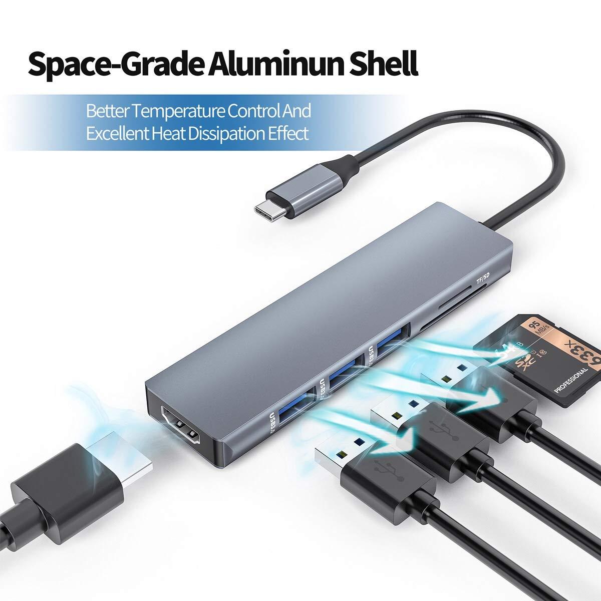 ULANSON USB C HDMI Adapter for MacBook Pro 2016/2017, 6 in 1 USB-C to HDMI Output, SD+MicroSD Card Reader and 3-Ports USB 3.0