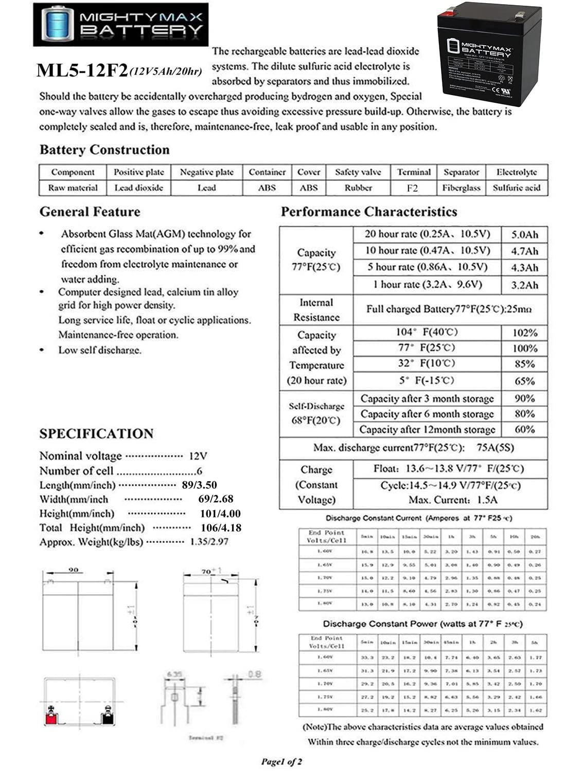 Mighty Max Battery Mighty Max Battery 12V 5Ah F2 SLA Replacement Battery for Honeywell DSC GE Security - 2 Pack