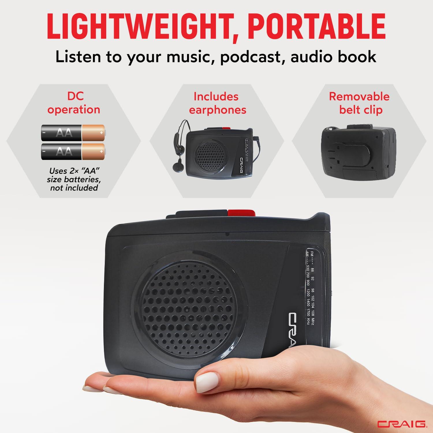 Craig Craig Stereo Cassette Player/Recorder with Earphones: Portable AM/FM Radio & One-Touch Recording System