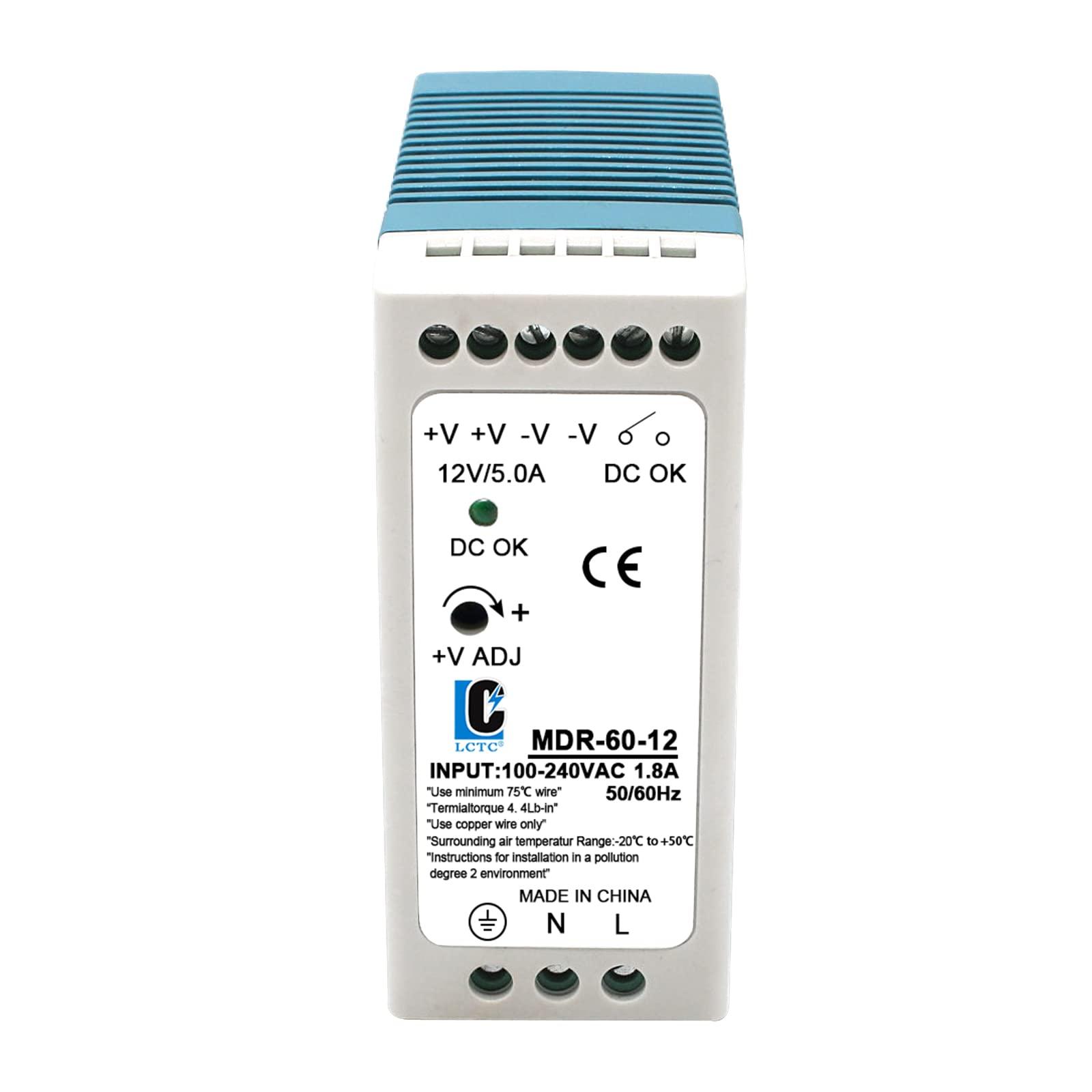 LCLCTC DIN Rail DC 12V Switching Power Supply MDR 60W (Input:100-240VAC,Output:12VDC,50/60HZ) Switch Converter (12V 5A)