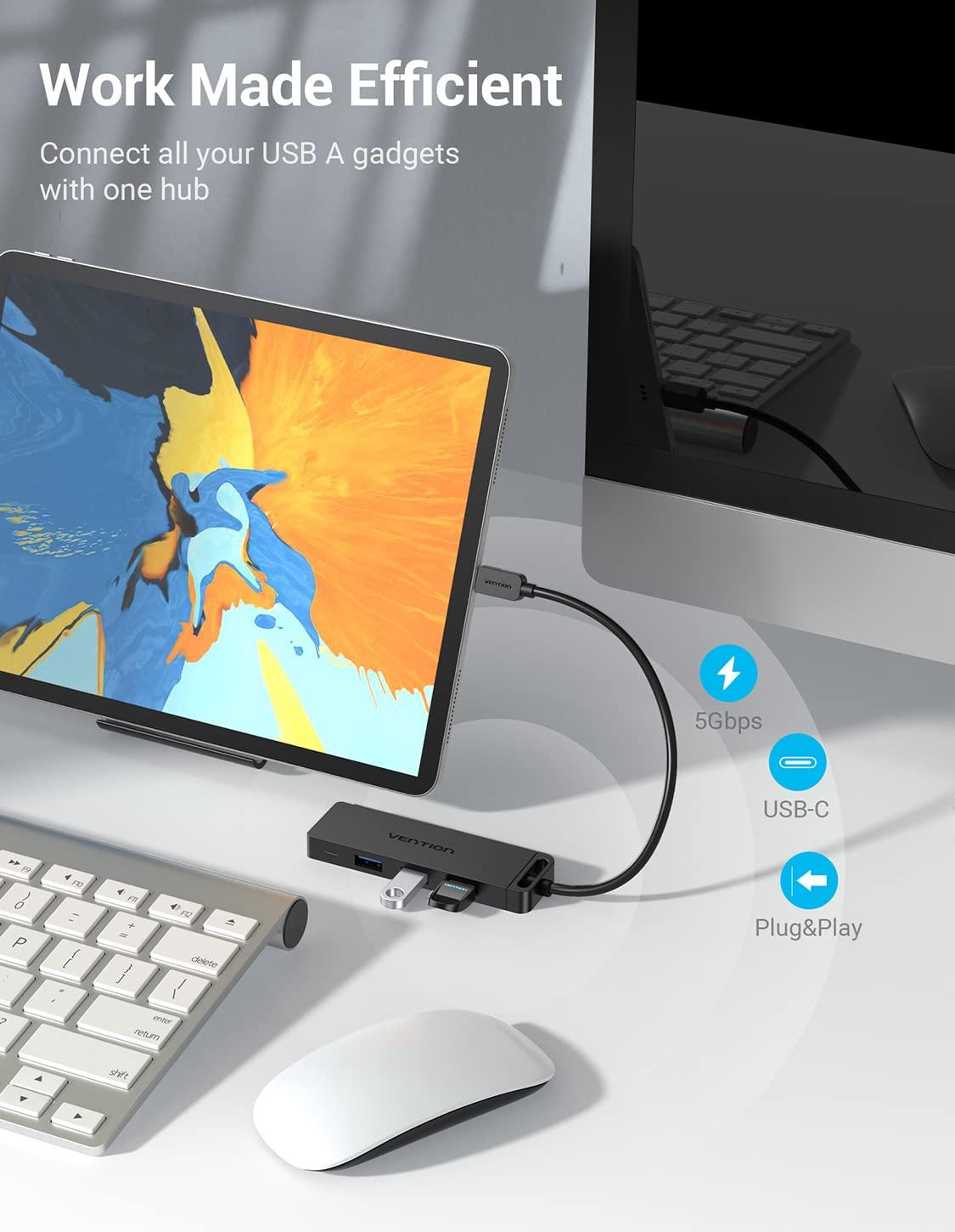 VENTION VENTION USB C Hub, USB Type C to USB Adapter with 4 USB 3.0 Ports, Thunderbolt 3 USB 3.0 Port with Powered Support, USB Hub for Laptops, MacBook Pro/Air 2020/2019 and More USB Type C Devices 3FT