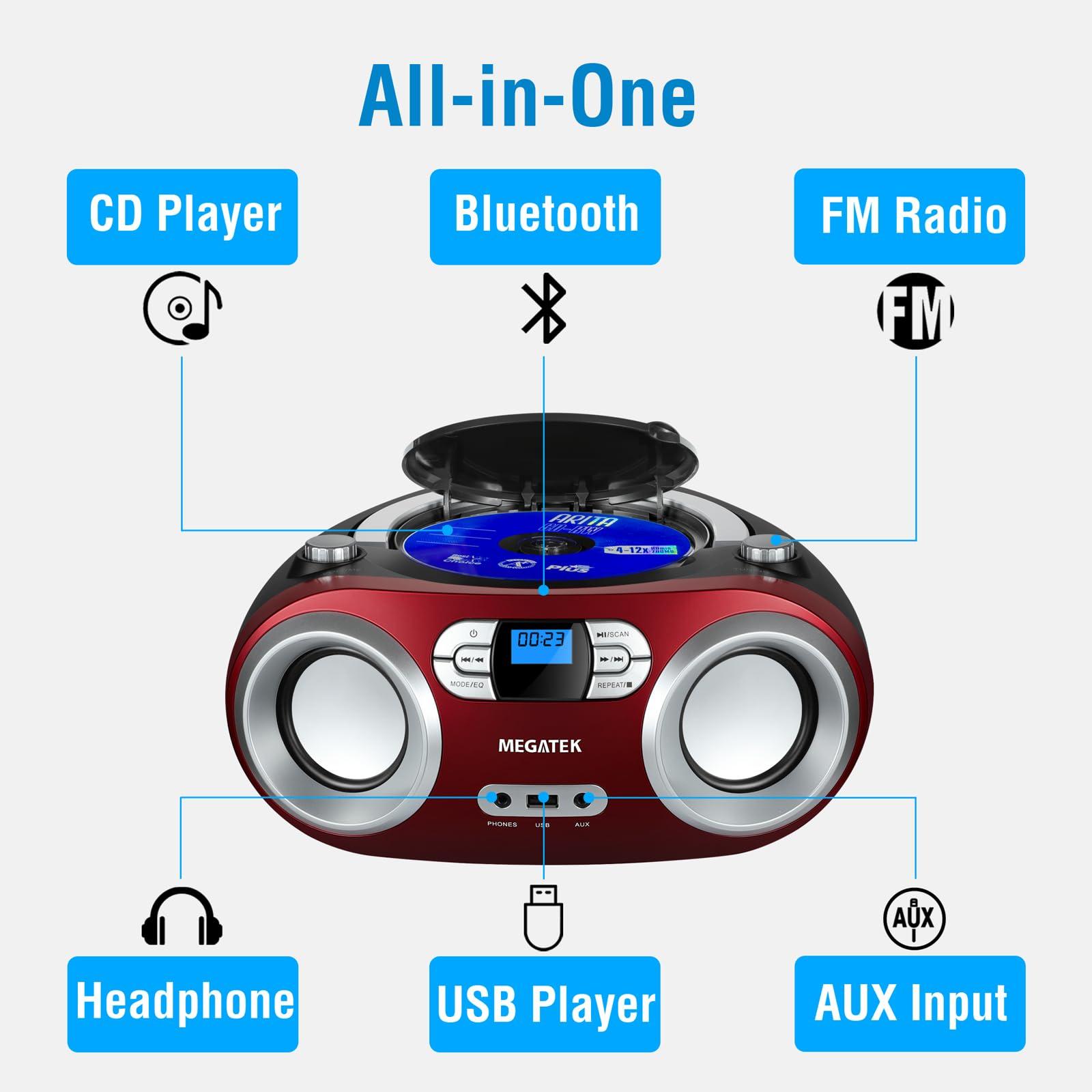 MEGATEK MEGATEK Portable CD Boombox with FM Stereo Radio, Bluetooth, USB Port, and Backlit LCD Display | CD-R/CD-RW/MP3-CD Compatible | AUX Input | Headphone Jack | Programmable CD Player - Cherry Red