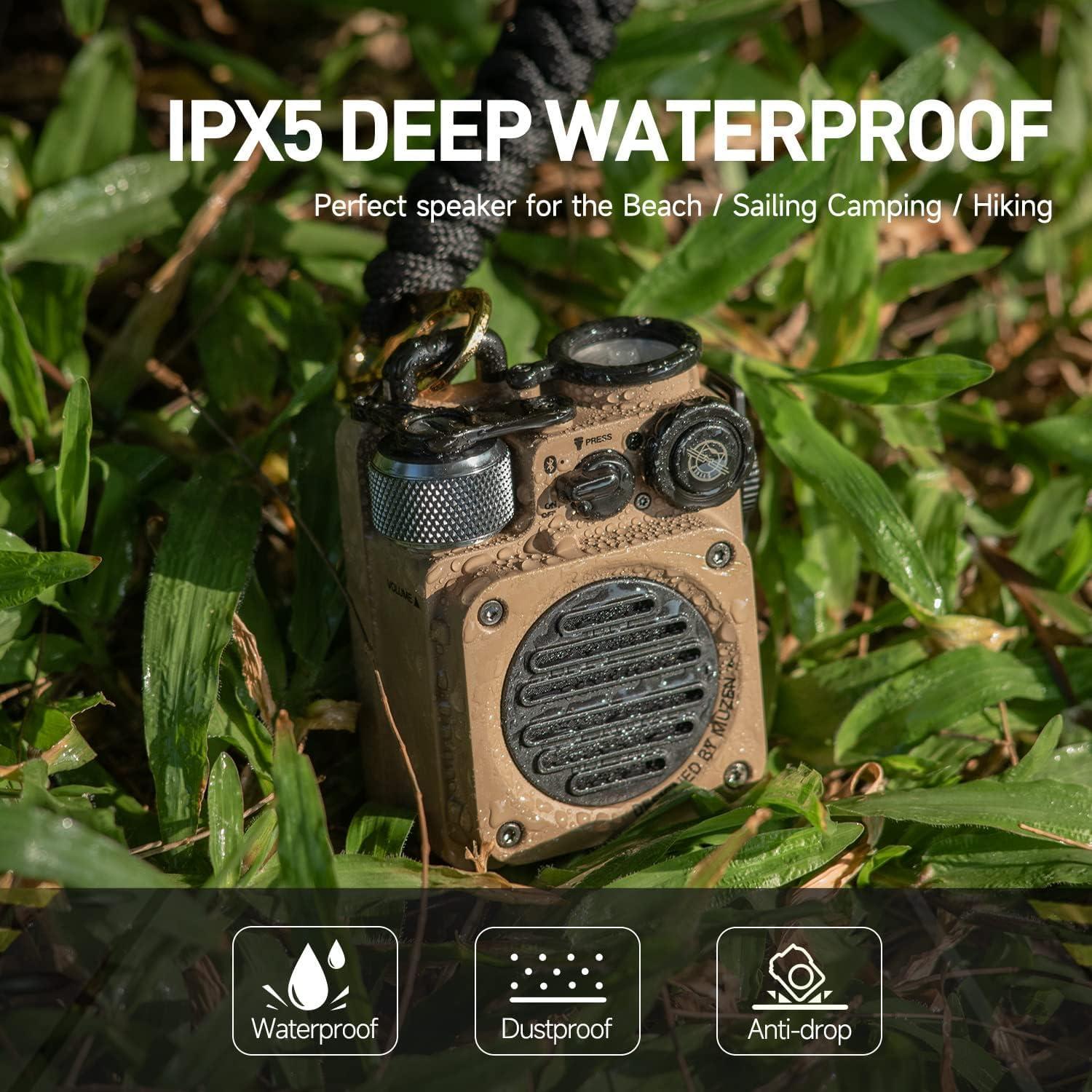 Muzen Muzen Portable Bluetooth Speaker, Wild Mini Rugged Travel Outdoor Speaker, Wireless Waterproof IPX5 with Flashlight, Stereo Sound, Metal Wild Look, for Adventure, Camping, Hiking