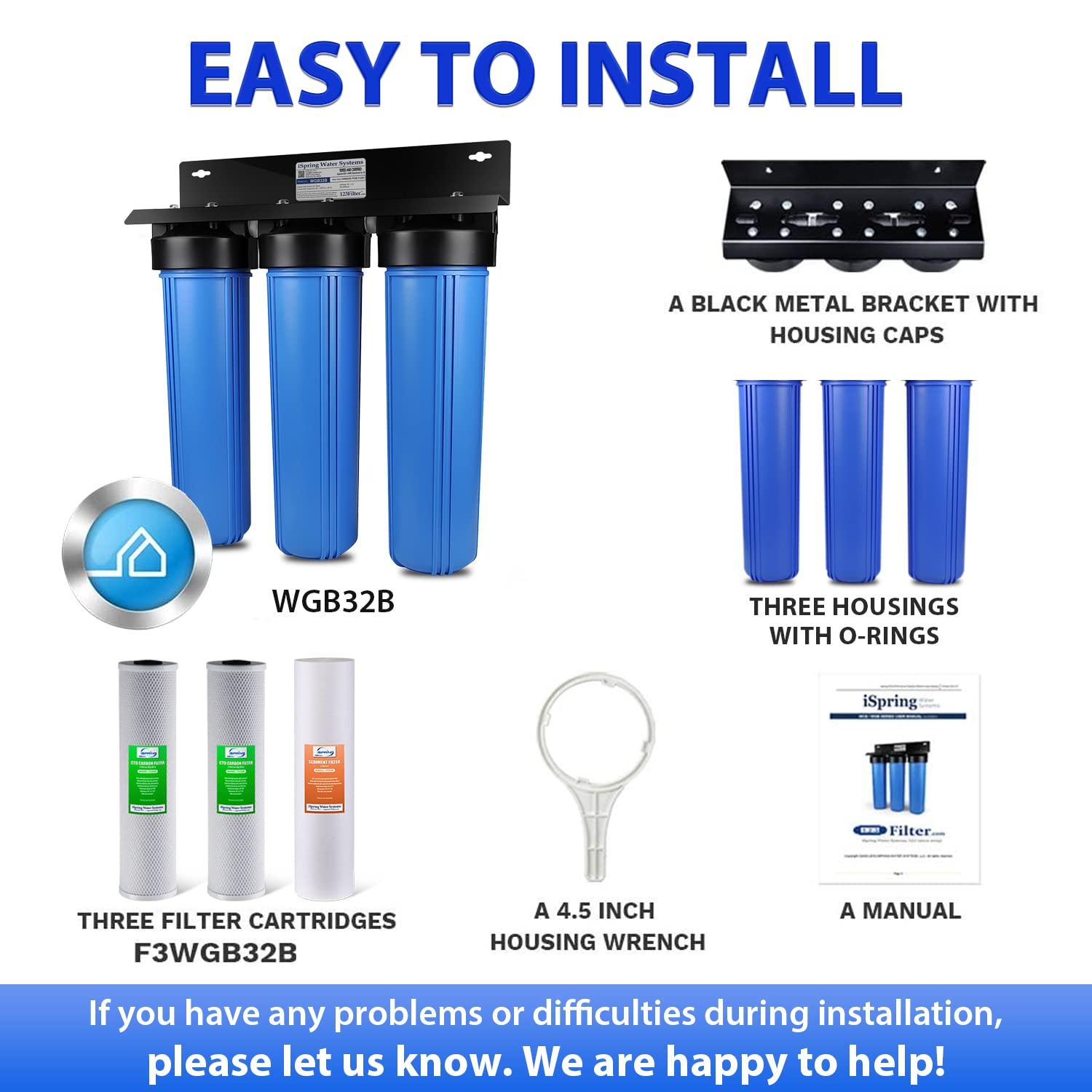iSpring iSpring Whole House Water Filter System, Highly Reduces Sediment, Taste, Odor, and up to 99% Chlorine, 3-Stage w/ 20-Inch Sediment and Carbon Block Filters, Model: WGB32B, 1\" Inlet/Outlet