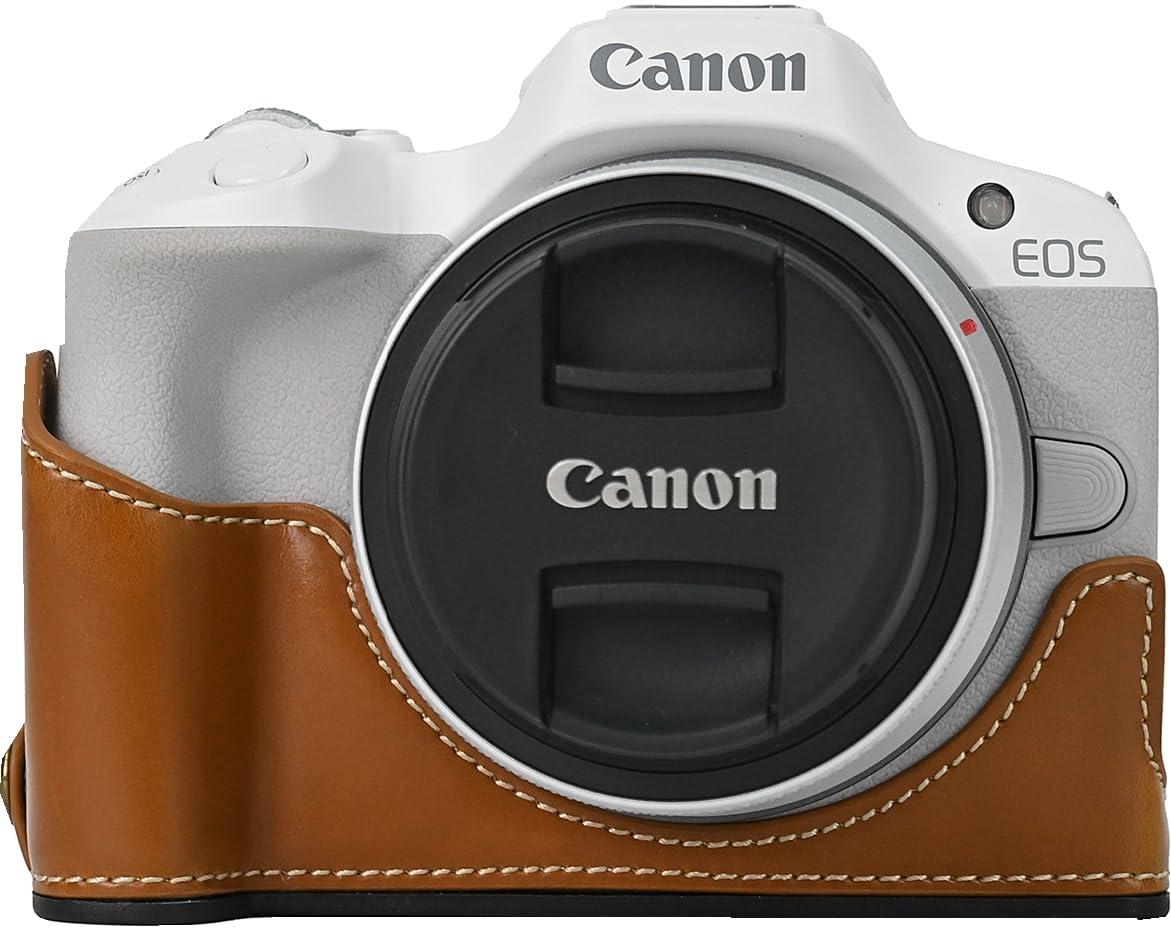 BMAOLLONGB R50 Case, BMAOLLONGB Handmade PU Leather Half Camera Case Bag Cover Bottom Opening Version for Canon Eos R50 with Hand Strap (Brown)