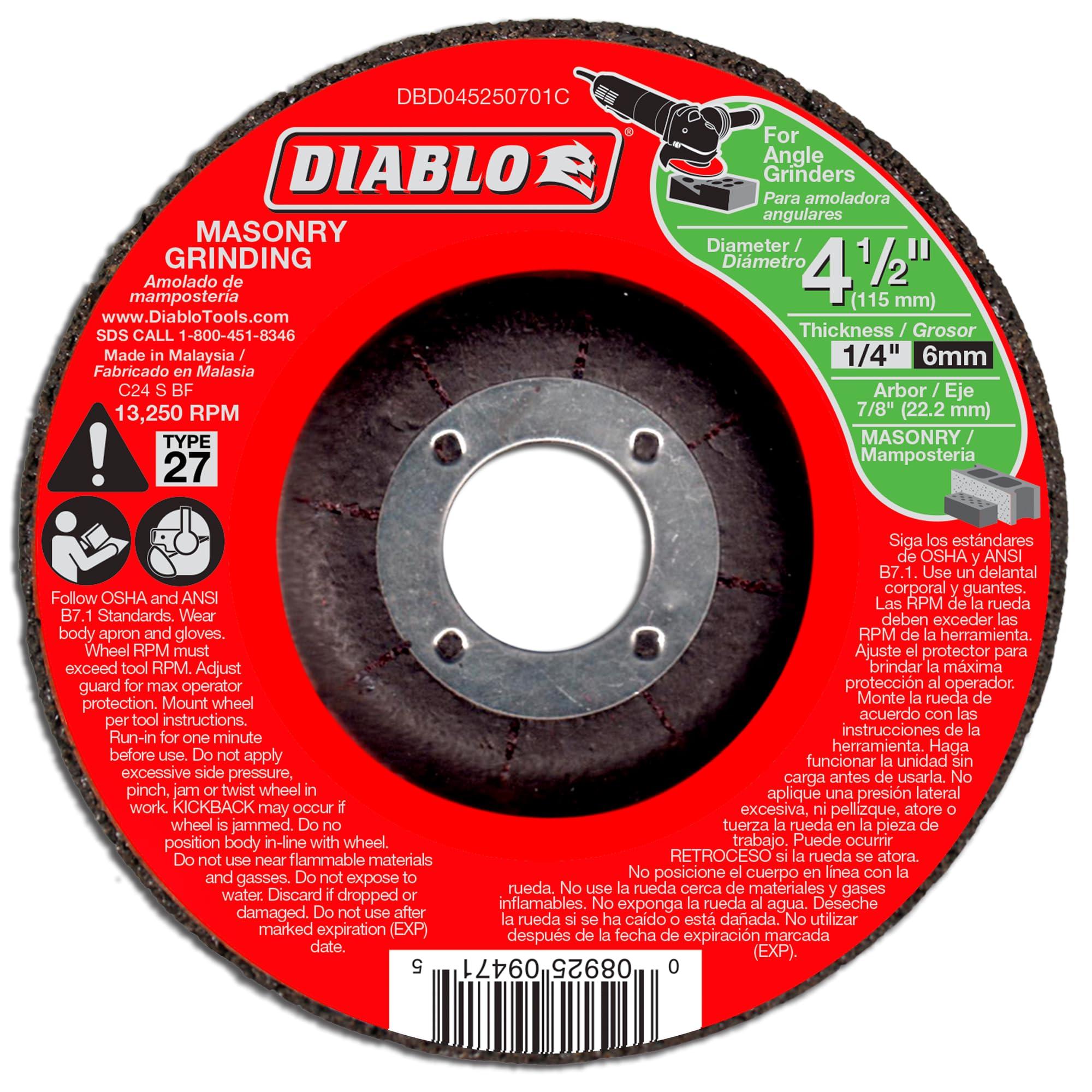 Freud Diablo Type 27 Masonry Grinding Disc - Superior Performance - 4-1/2" Diameter, 7/8" Arbor, 27 Hub Type, 1/4" Thickness, 13250 Max RPM - DBD045250701C