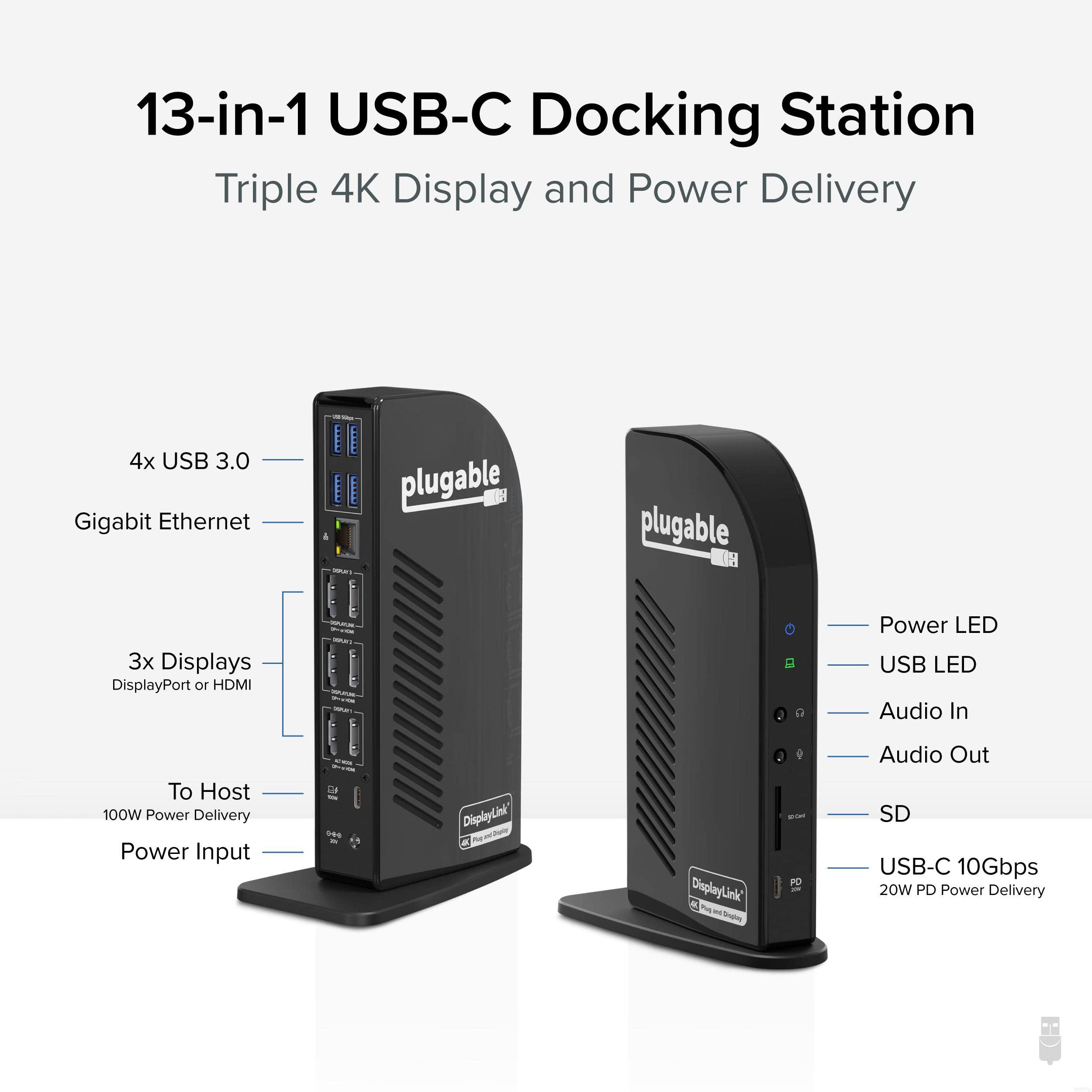 Plugable Plugable 4K Docking Station Triple Monitor with 100W Power Delivery, USB-C Dock for Thunderbolt and USB-C Windows and Mac M1 M2 M3, Driver Required (3X HDMI, DisplayPort, 1x USB-C, USB 3.0, SD Card)