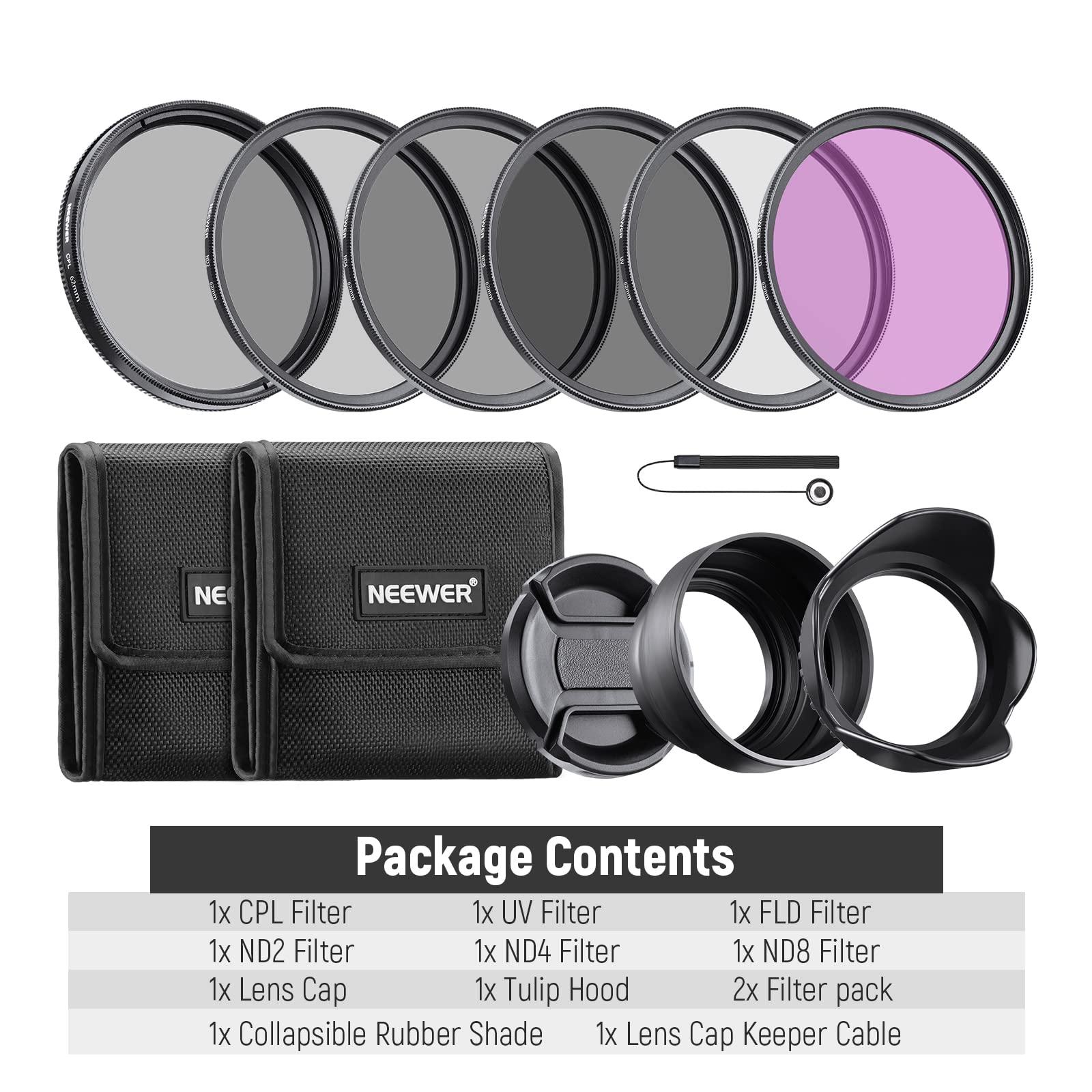 Neewer NEEWER 62mm ND Filter Kit and Lens Accessories, ND2 ND4 ND8 UV FLD CPL(Circular Polarizing) Filter Set with Lens Cap/Tulip Shaped Lens Hood