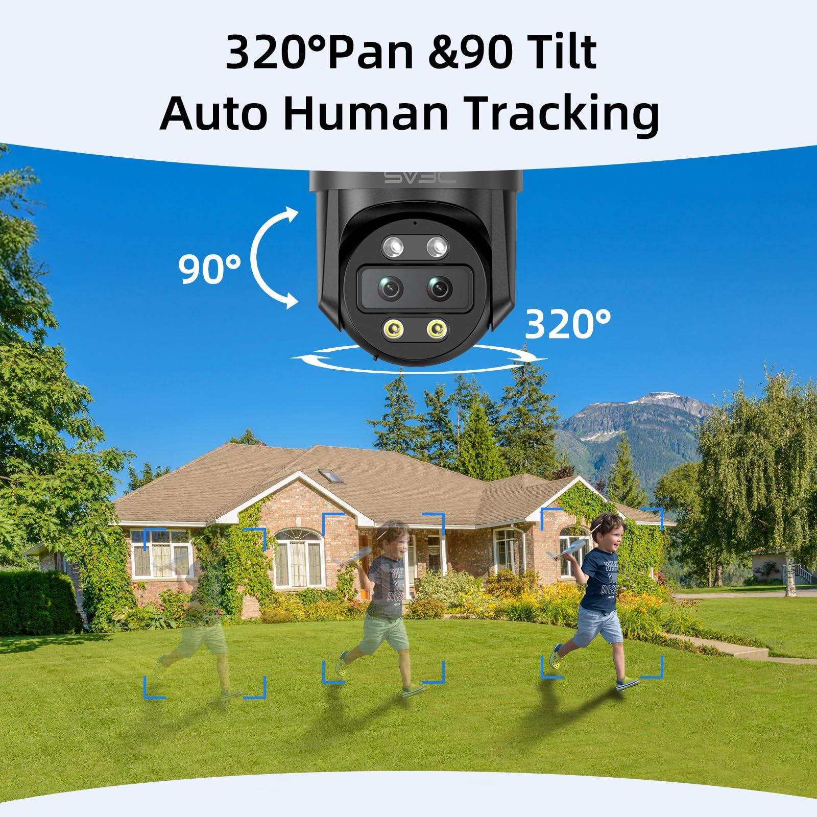 SV3C SV3C 4K Dual Lens PTZ WiFi Security Camera Outdoor, Dual Band Auto Tracking ONVIF IP Camera, Color Night Vision, Human Vehicle Motion Detection, Waterproof, 24/7 Recording, Blueiris, Camhipro, Black