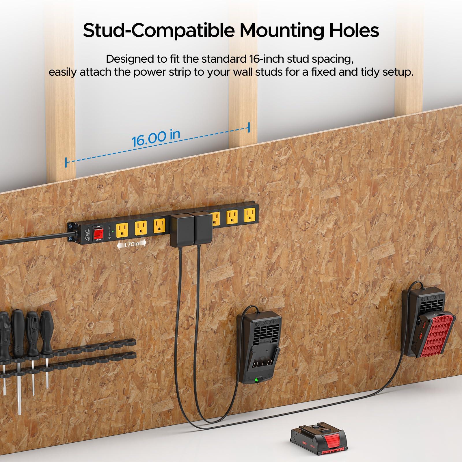 CRST CRST 8 Outlet Metal Long Power Strip,Heavy Duty Surge Protector 2100J, 6 FT Cord Mountable Wide Spaced Workshop Garage Power Strip, 15amp/1875W
