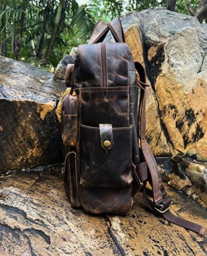 L & S Buffalo Leather Backpack Multi Pockets Daypack Travel Laptop Bag for Men Women