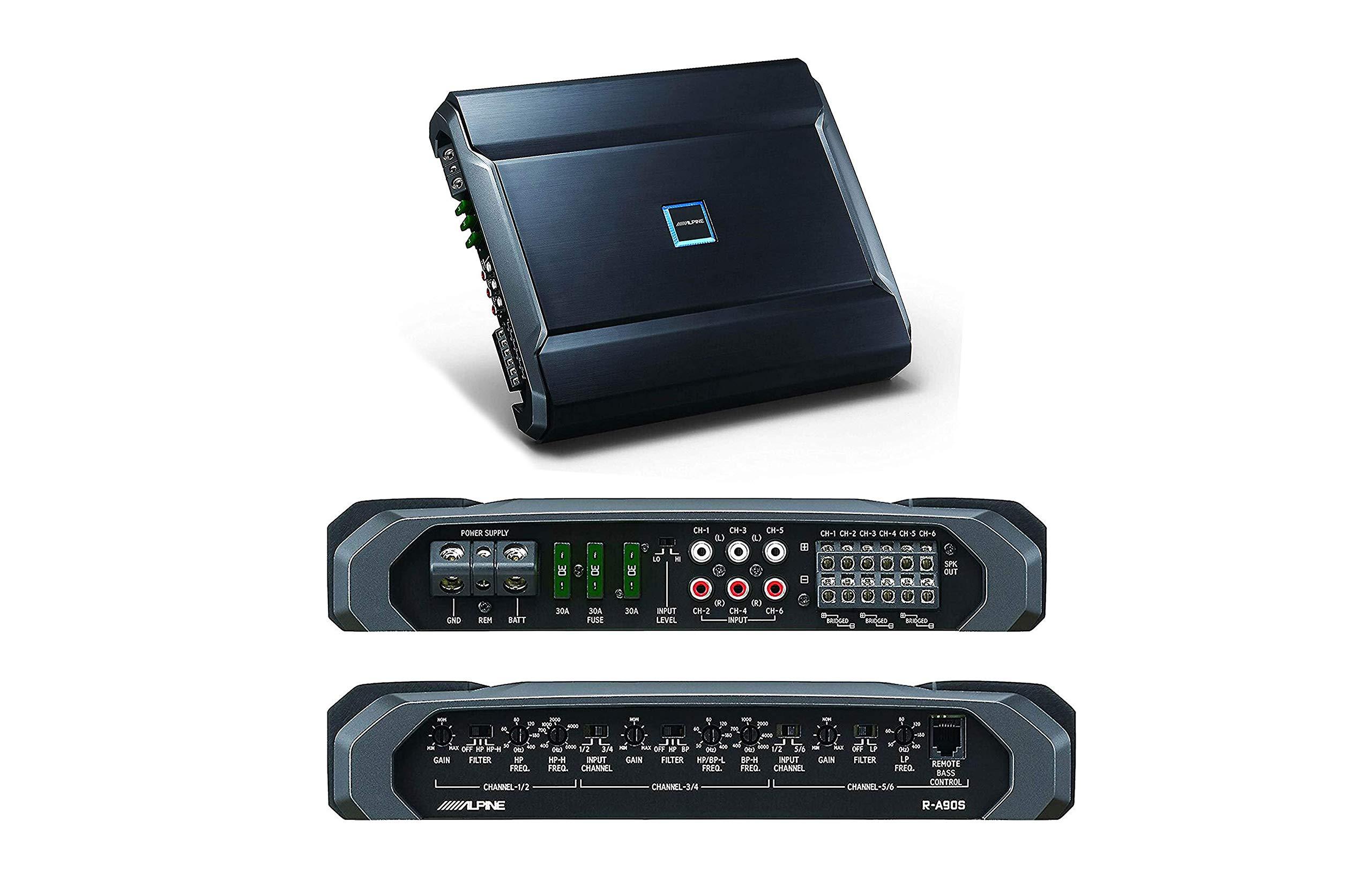 Absolute Alpine R-A90S R Series 6-Channel car Amplifier 75 watts RMS x 4 at 4 ohms + 250 watts RMS x 2 at 2 ohms Bundle