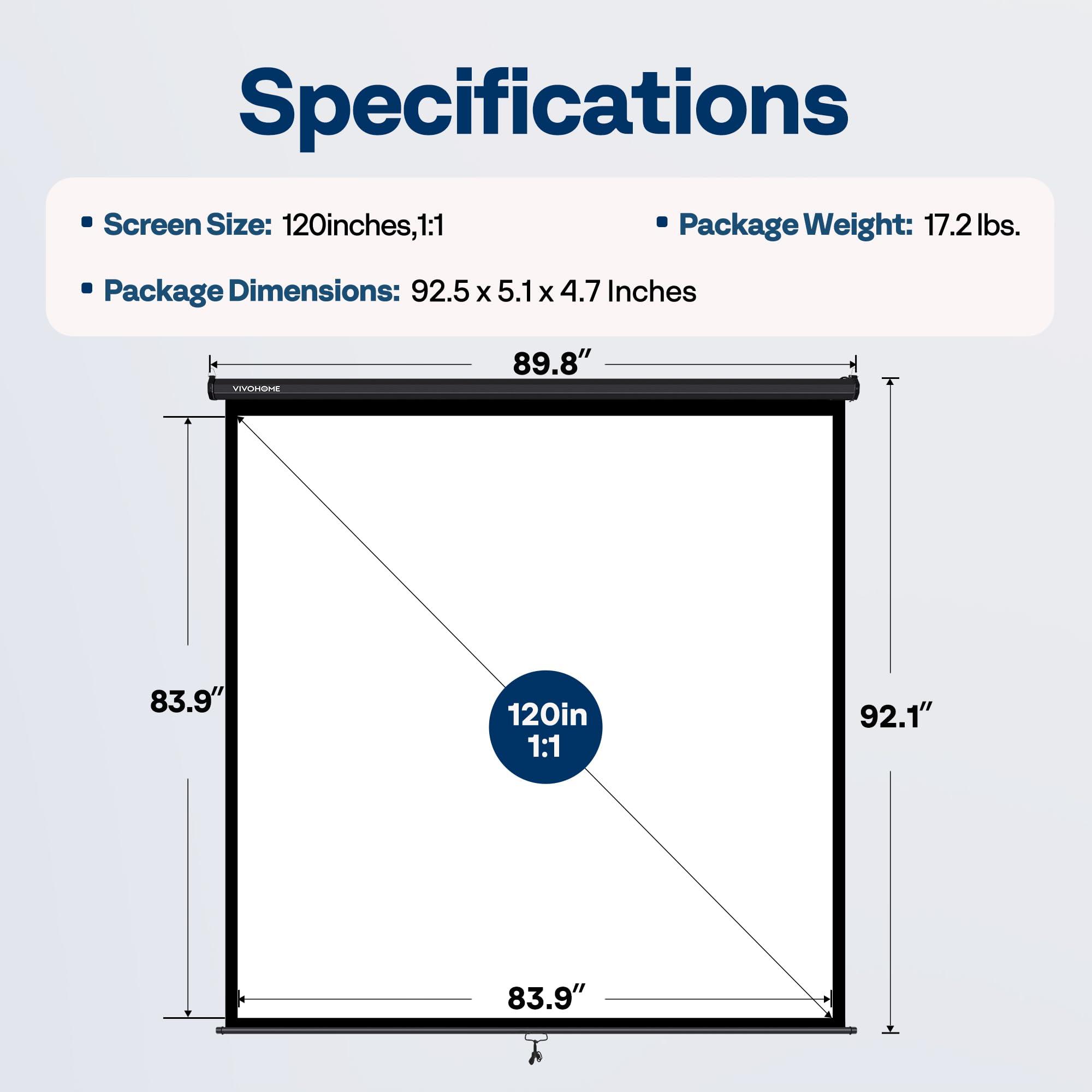 VIVOHOME VIVOHOME Projector Screen Pull Down, 1:1 120 Inch Retractable Projection Screen, HD 4K Manual Pull Movie Screen for Home Theater, Cinema, Office (84x84 Inch Black)