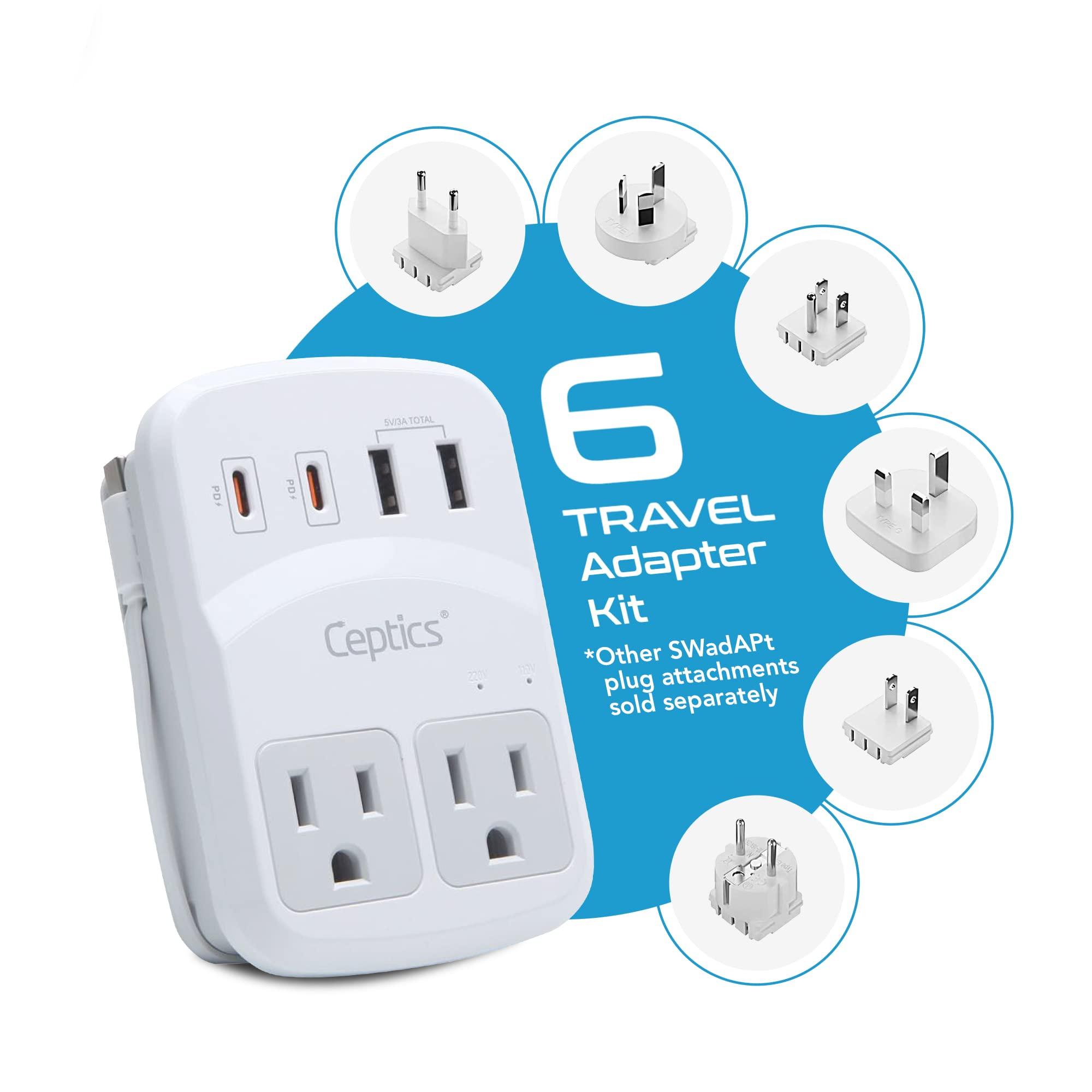 Ceptics Ceptics World Travel Adapter Kit 2 USB-A, USB-C US Outlets, 20W/QC 18W Power Delivery, Surge Protection, SWADAPT Compatible for Europe, UK, China, Australia, Japan Perfect Laptop (WPS-5B)