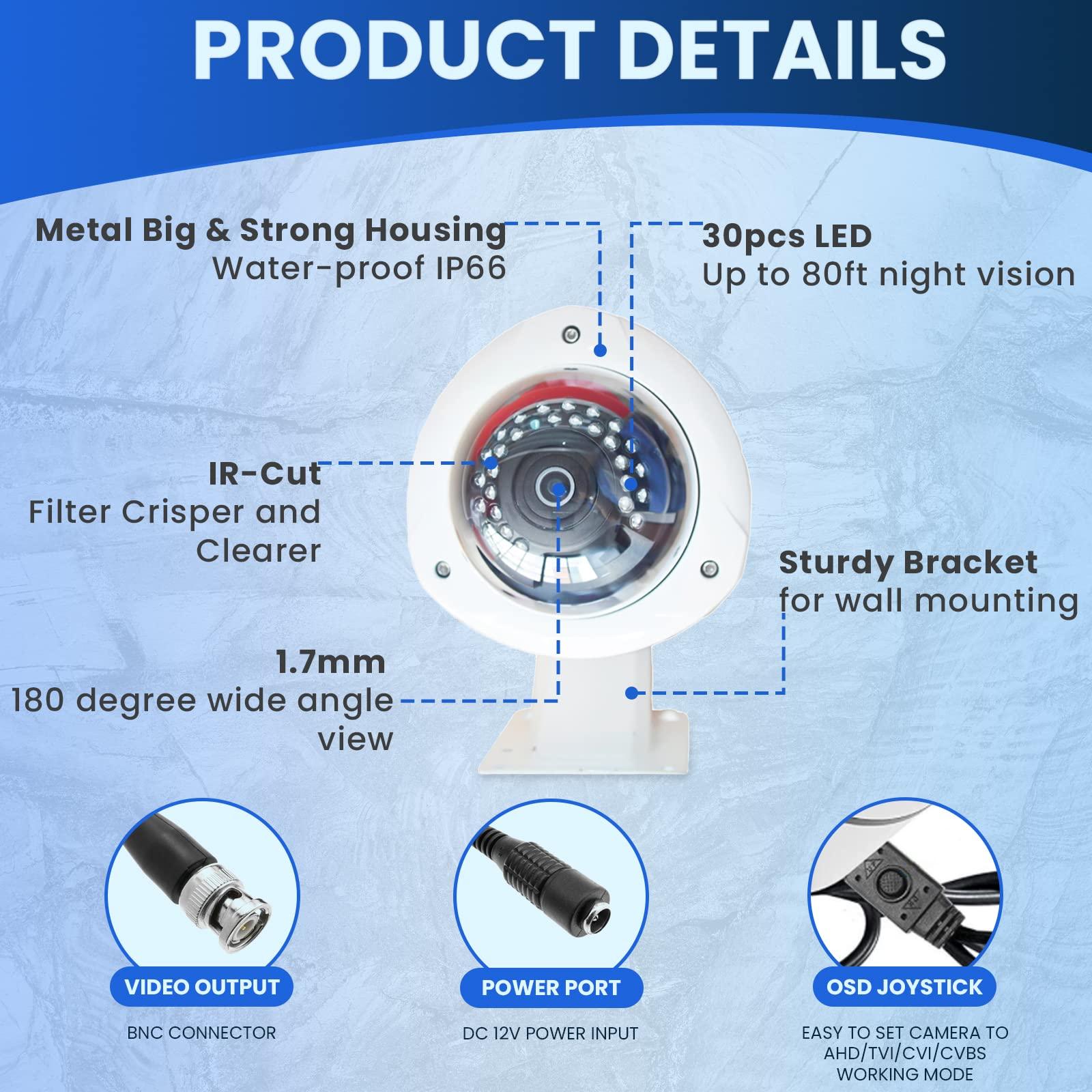 DCSEC 1080p HD TVI AHD CVI CVBS CCTV Camera Wide Angle Security Camera Outdoor 180 Degree Advanced DSP to Offer High Image Quality with 30pcs IR LEDs Long Distance