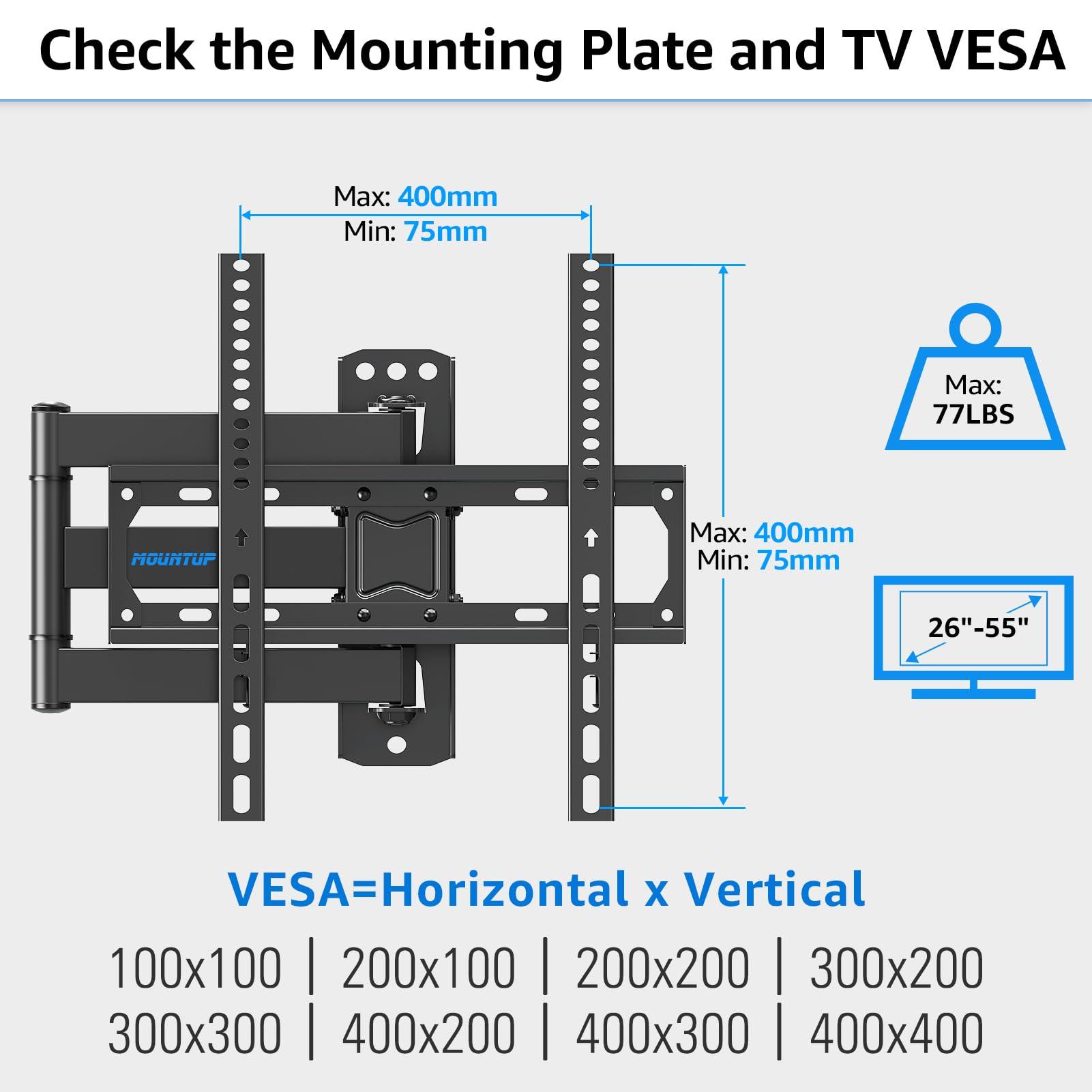 MOUNTUP MOUNTUP TV Wall Mount, Full Motion TV Bracket for Most 26-55 Inch Flat Screen/Curved TVs, Universal Articulating Single Stud Swivel Tilt Wall Mount with Max VESA 400x400mm, Holds up to 77 lbs