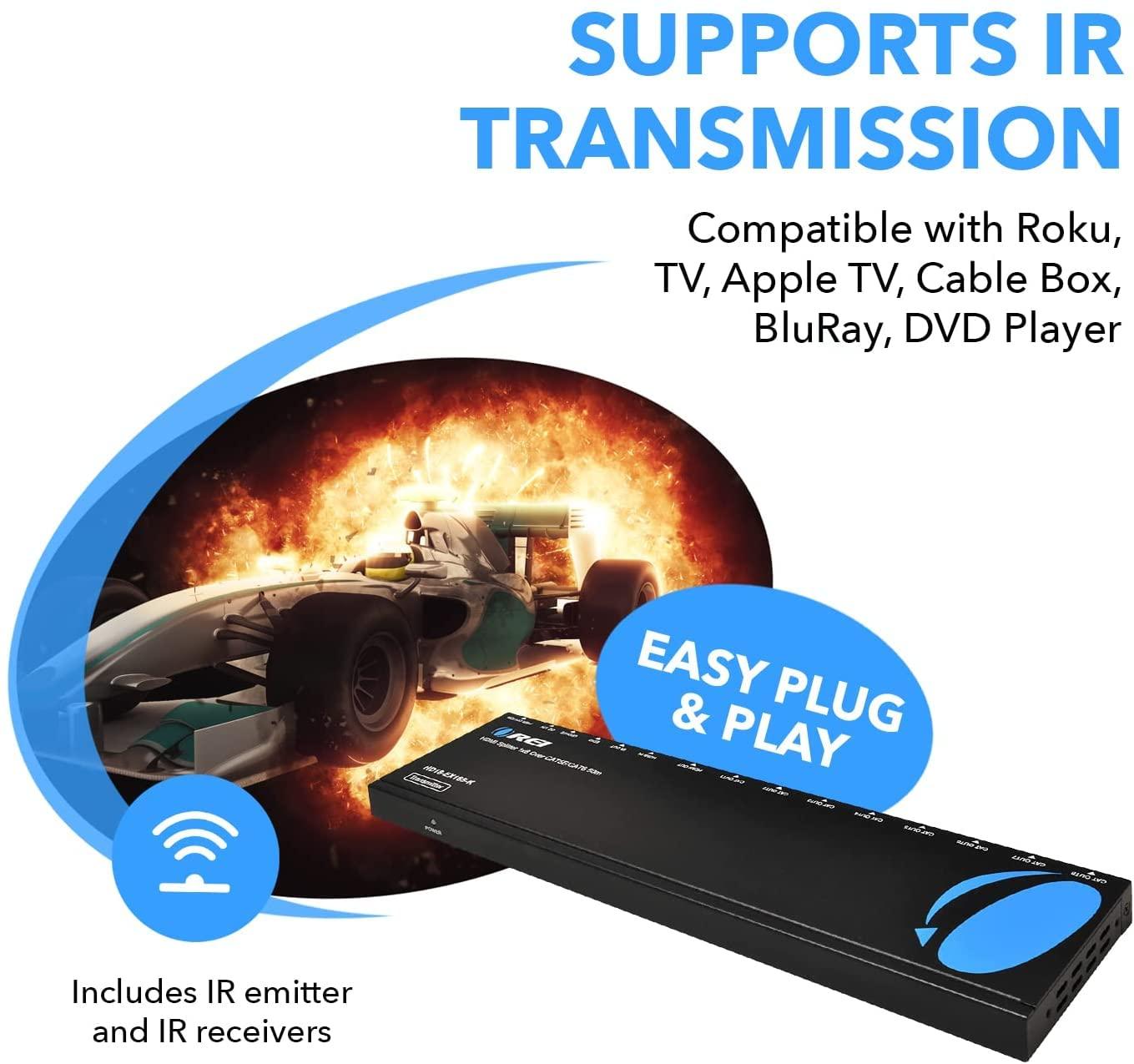 OREI OREI HDMI Extender Splitter 1 In 8 Out over CAT6/7 Cable 1080P@60Hz with EDID Management - Up to 165 Ft - Loop Out - IR Control - Low Latency