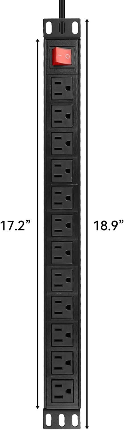 BTU BTU Power Surge Protector Rack-Mount PDU, 12 Outlet Power Strip with Switch, Metal Mountable Heavy Duty for Server Racks, Garage Shop, Industrial Commercial (Black 10FT)