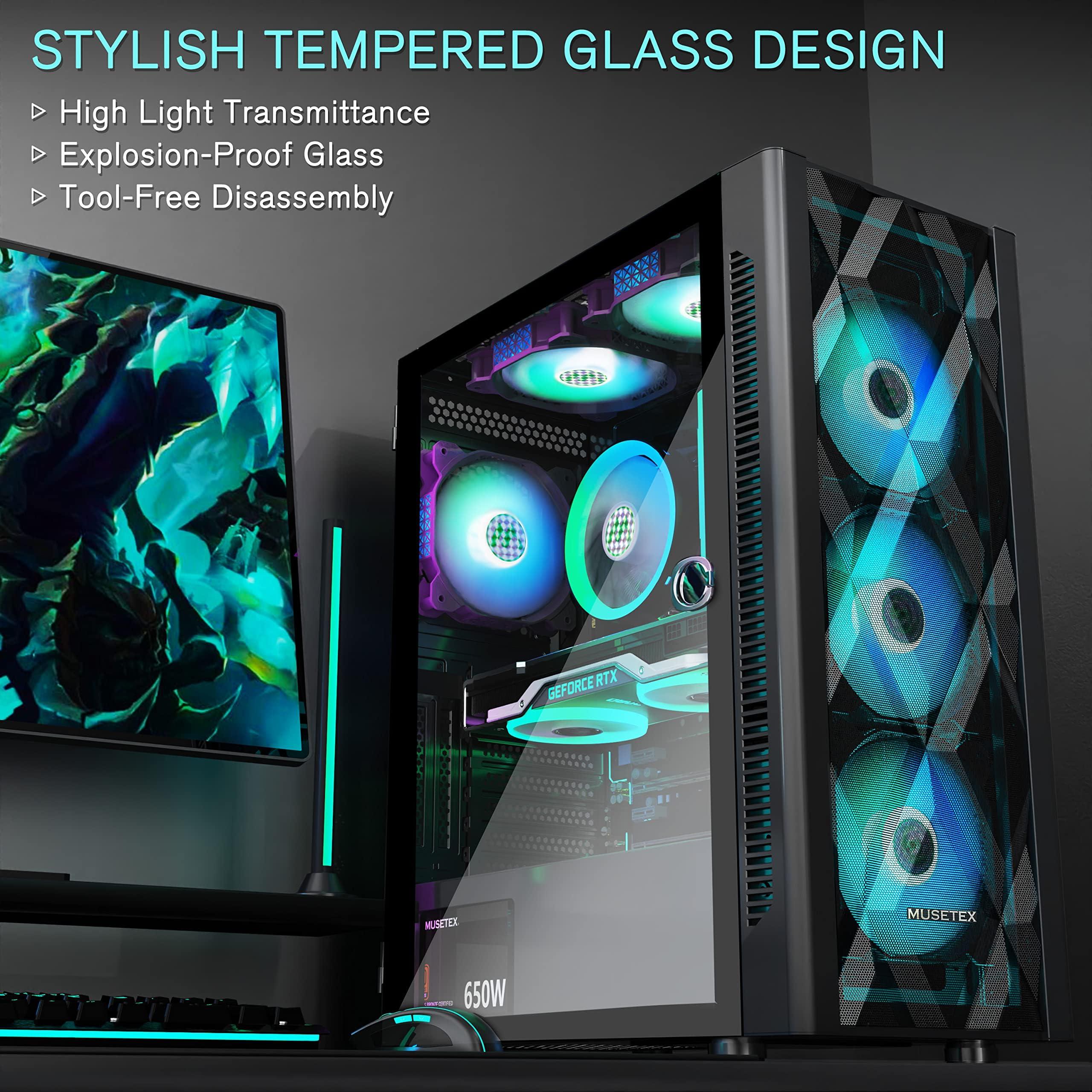 MUSETEX MUSETEX ATX PC Case Pre-Install 6 PWM ARGB Fans, Polygonal Mesh Computer Gaming Case, Opening Tempered Glass Side Panel Mid-Tower Case, USB 3.0 x 2, Black, NN8